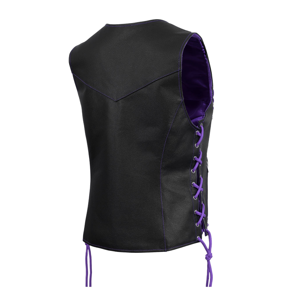 Women’s Side Lace Black Buffalo Leather Vest with Purple Thread & Eyelet Detailing – Rexons