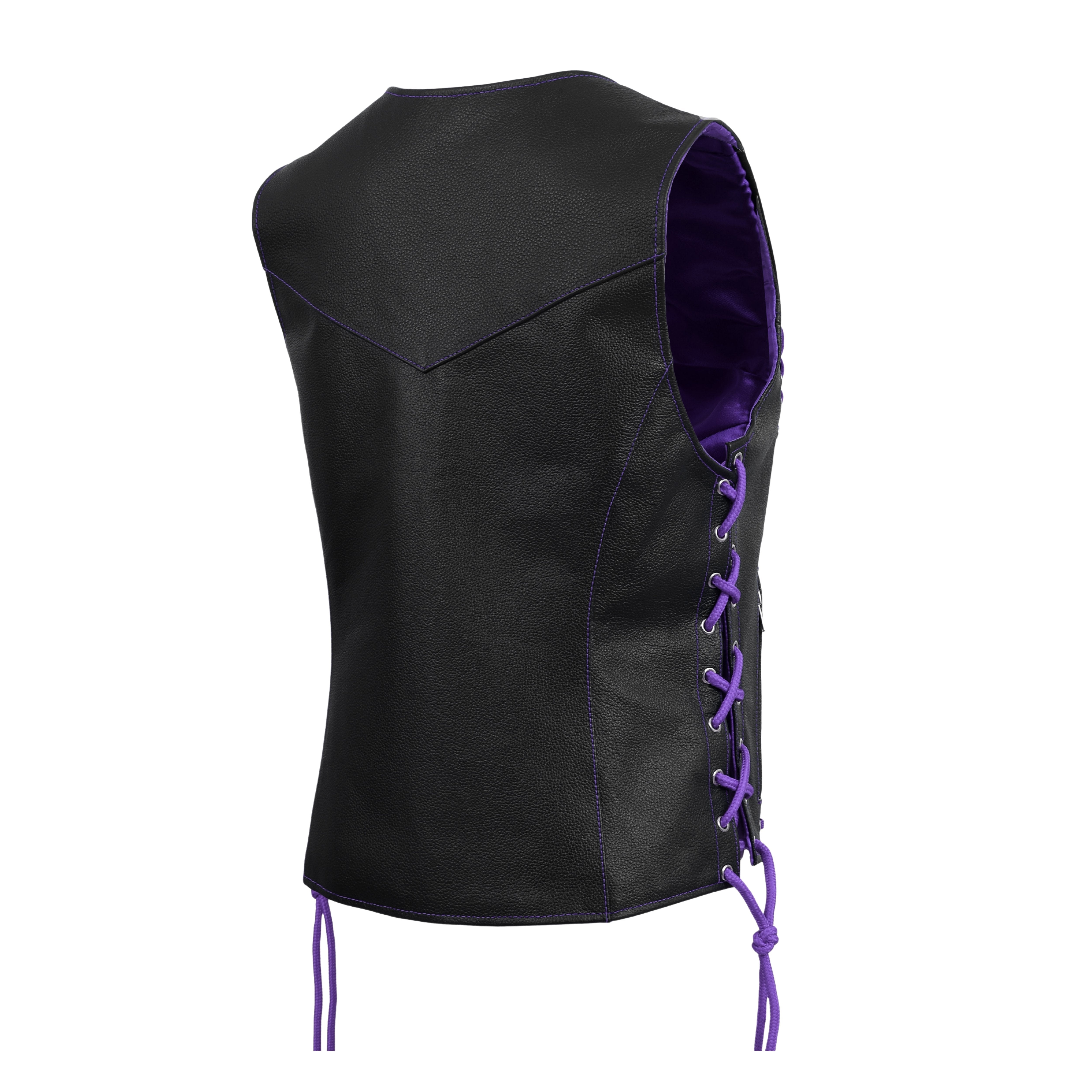 Women’s Side Lace Black Buffalo Leather Vest with Purple Thread & Eyelet Detailing – Rexons