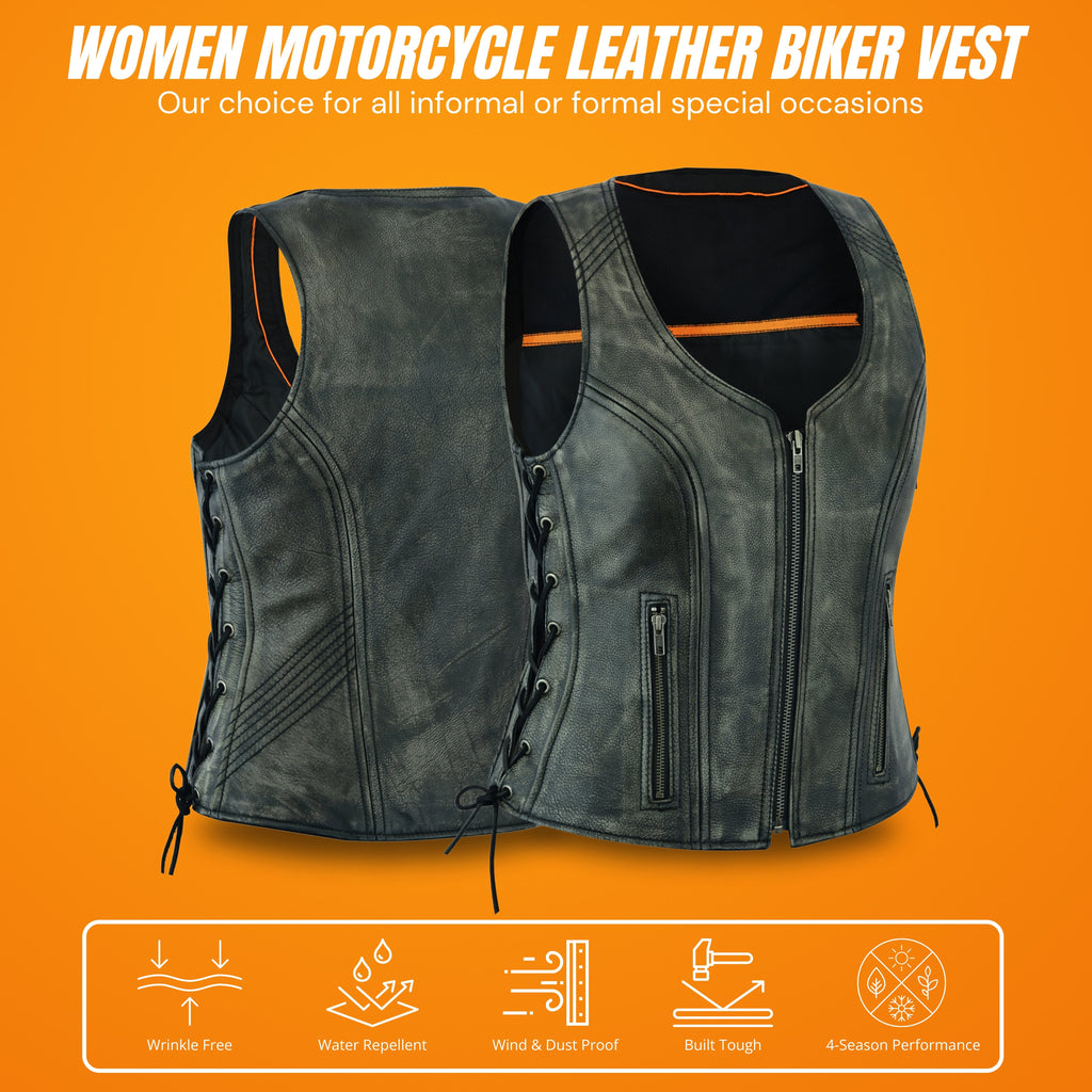 Distressed Grey ‘Open Neck’ Motorcycle Leather Vest with Side Laces – Premium Riderwear by Rexons