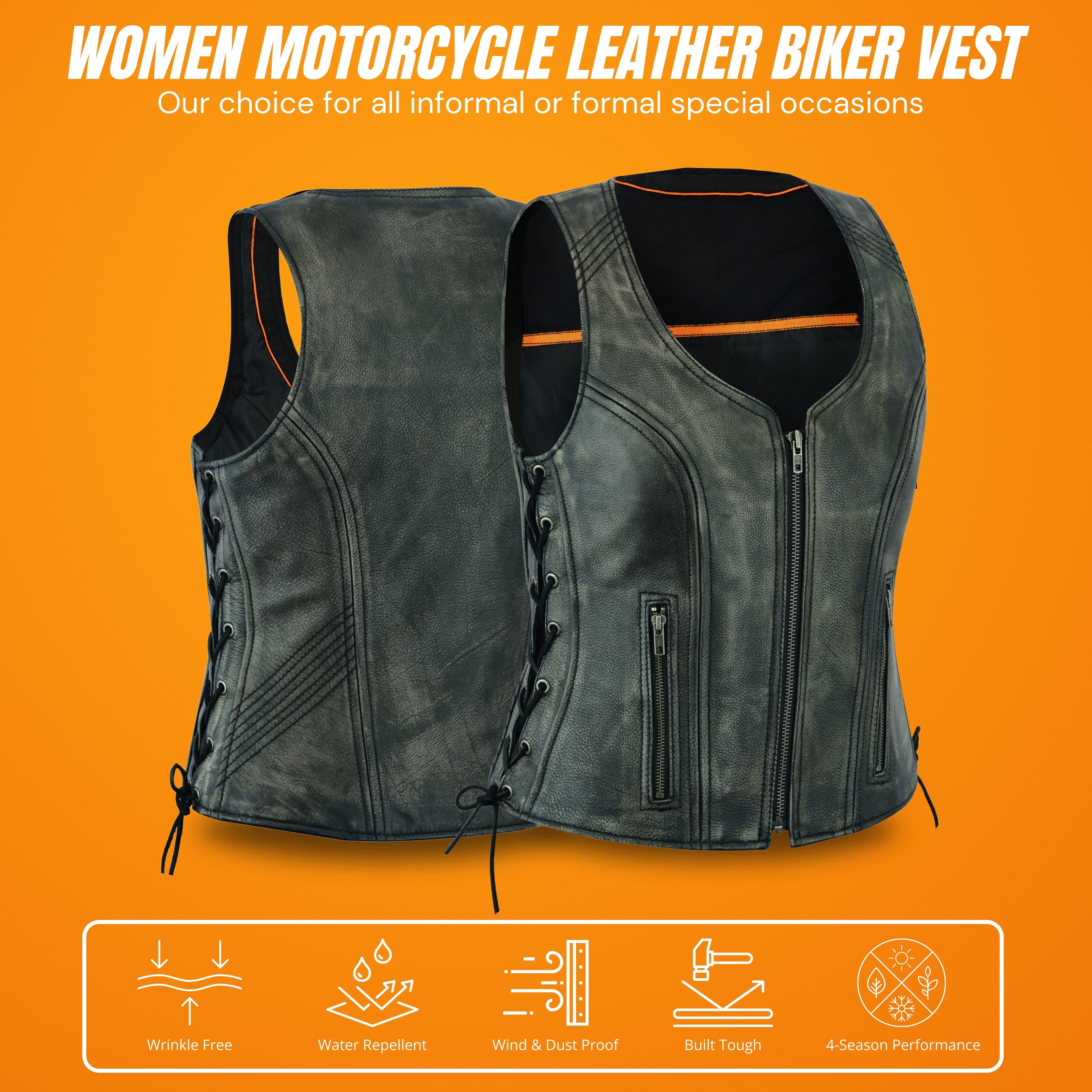 Distressed Grey ‘Open Neck’ Motorcycle Leather Vest with Side Laces – Premium Riderwear by Rexons