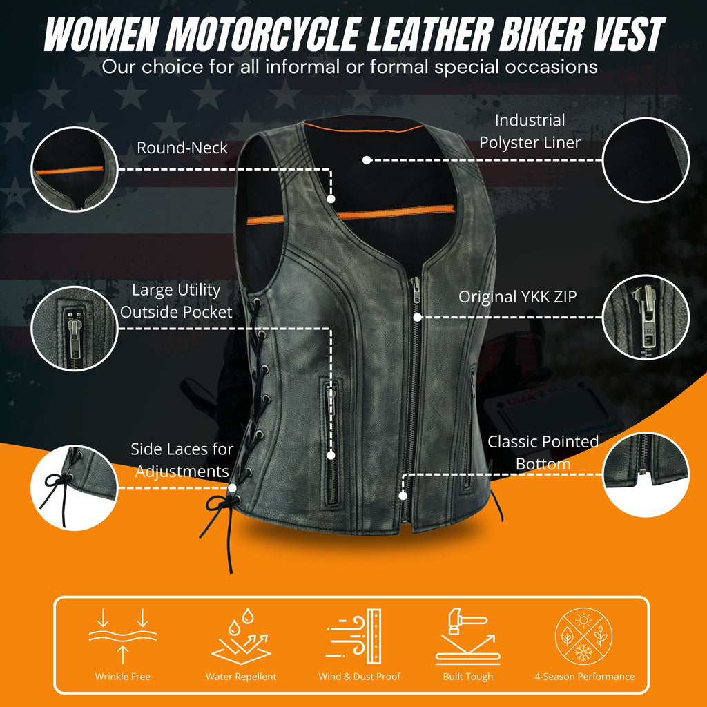 Distressed Grey ‘Open Neck’ Motorcycle Leather Vest with Side Laces – Premium Riderwear by Rexons