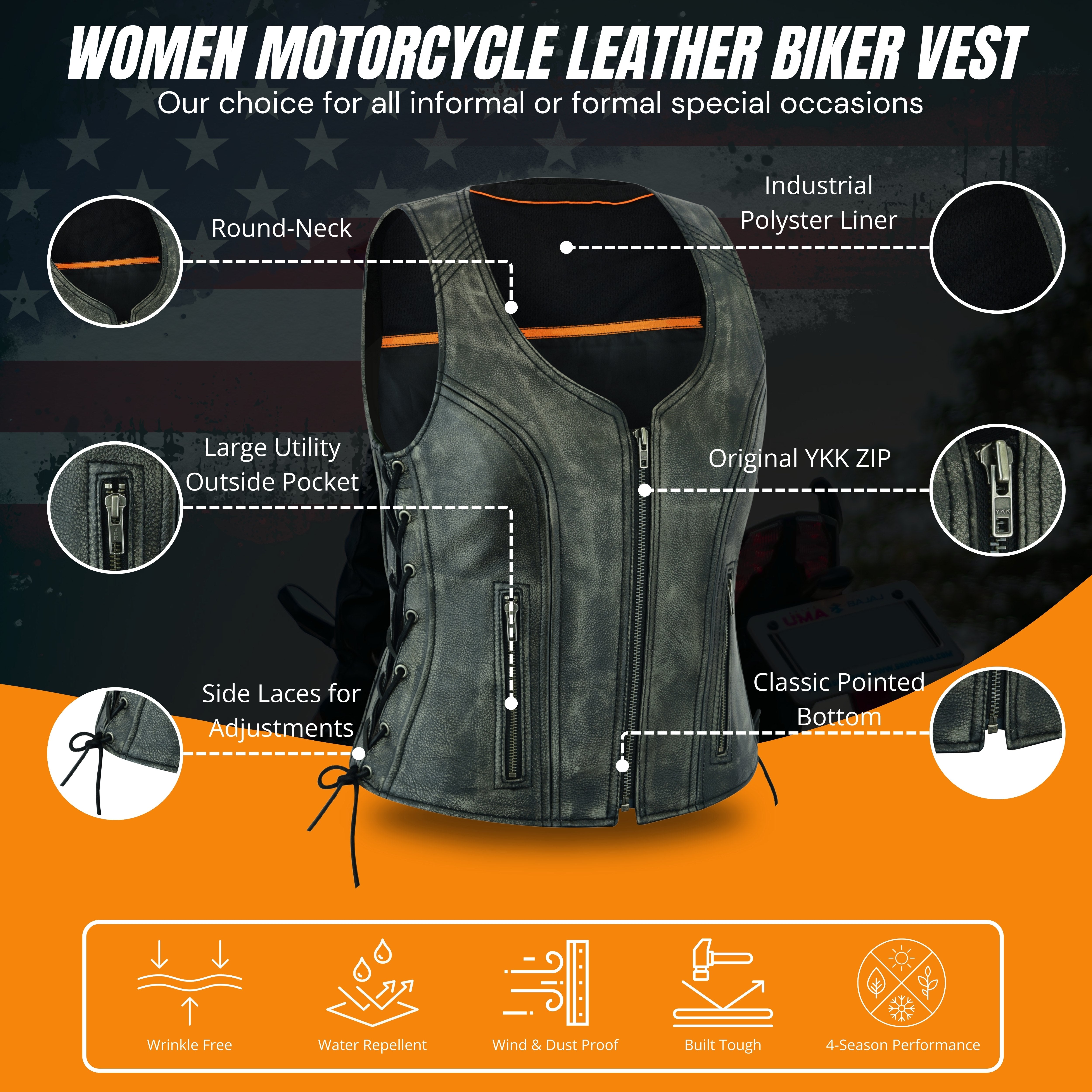 Distressed Grey ‘Open Neck’ Motorcycle Leather Vest with Side Laces – Premium Riderwear by Rexons