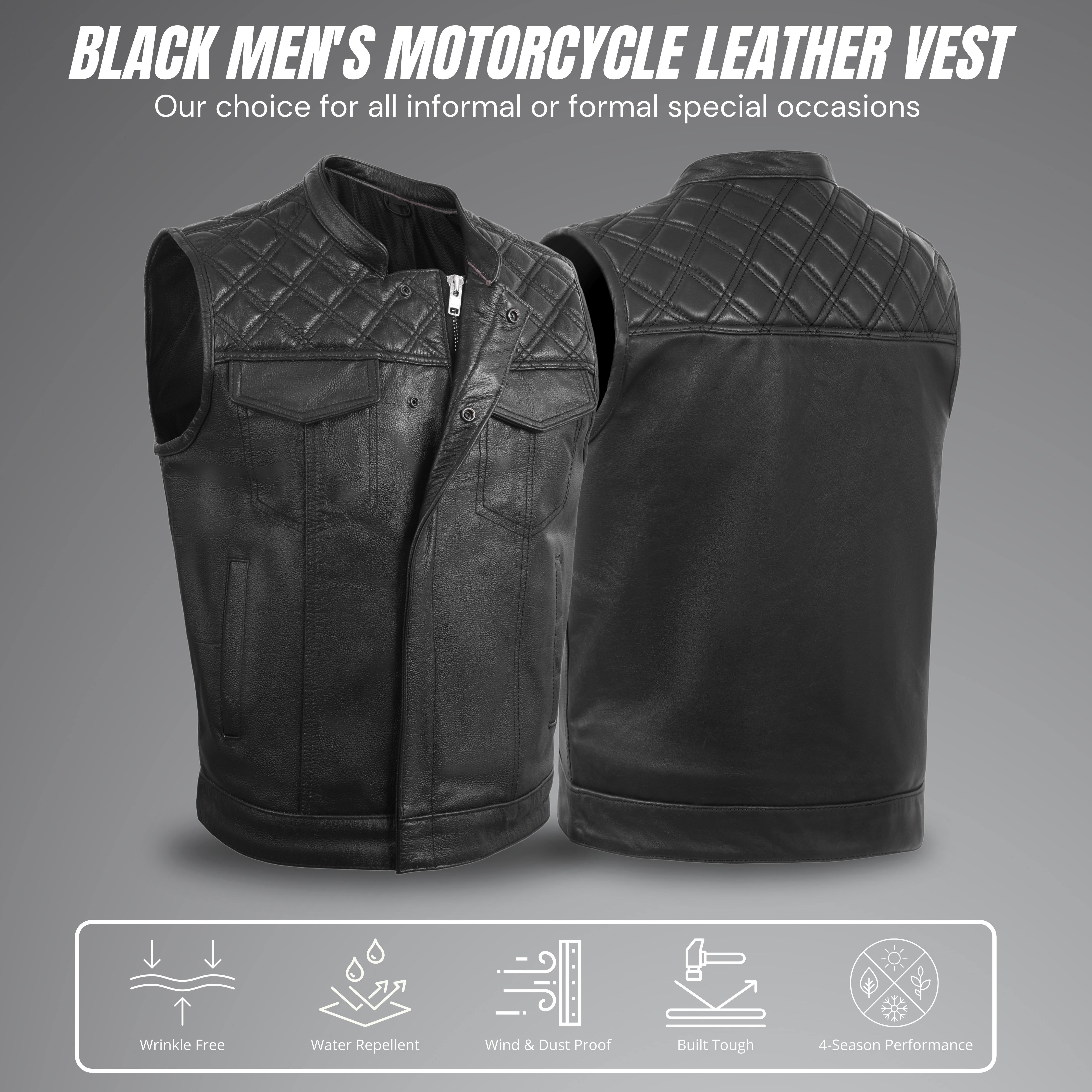 Men's Diamond Stitch Black Leather Economy Vest – Classic Cruiser Style by Rexons
