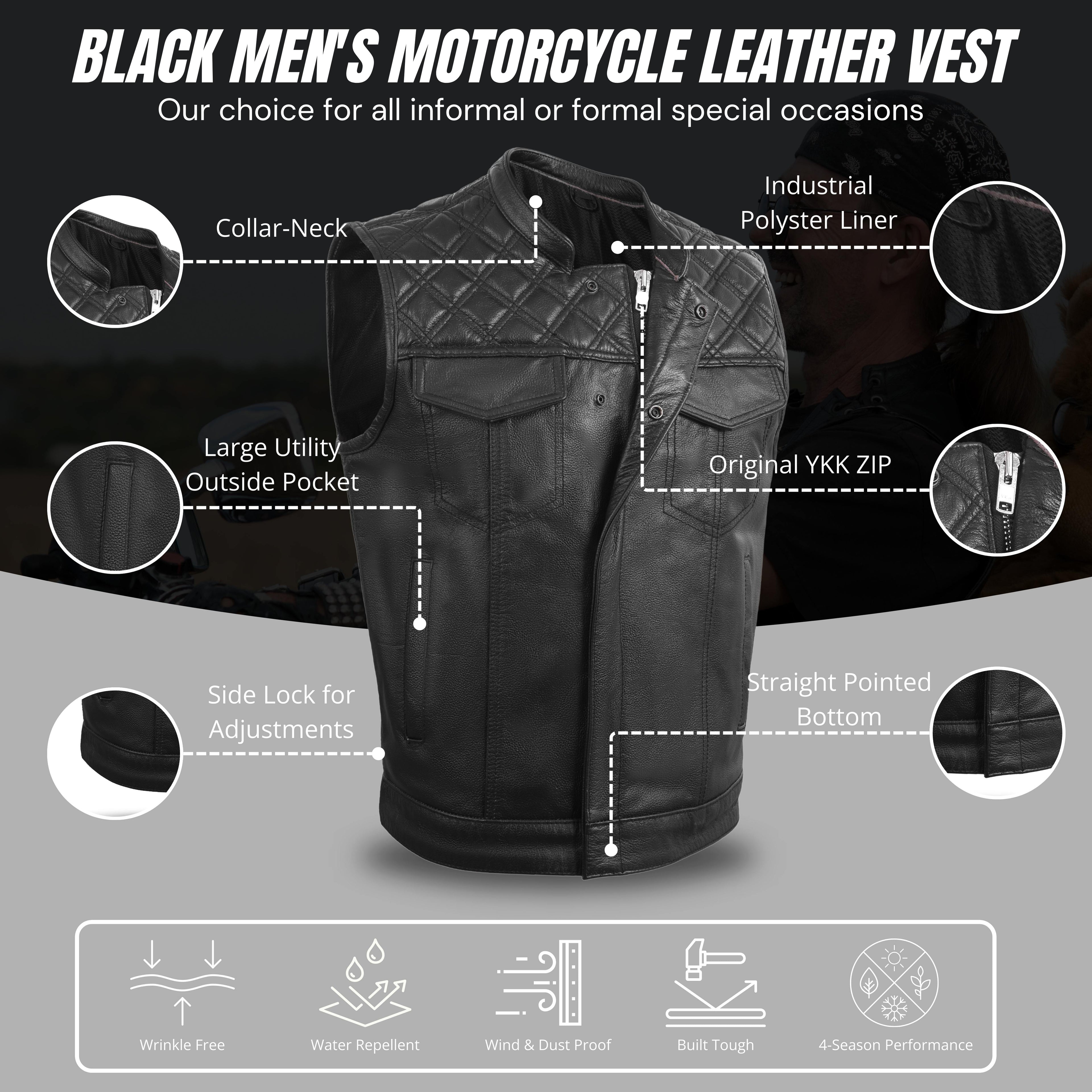 Men's Diamond Stitch Black Leather Economy Vest – Classic Cruiser Style by Rexons