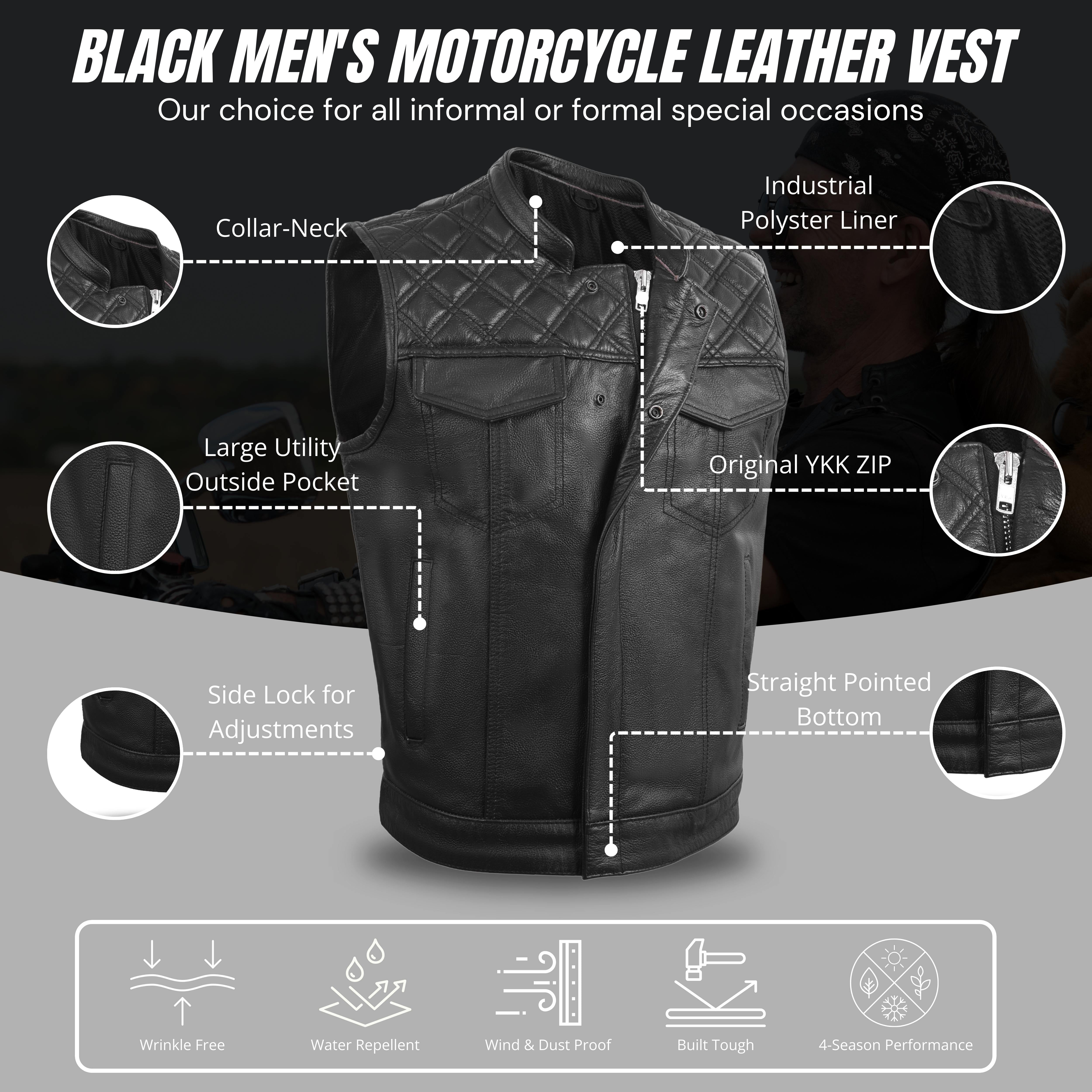 Men's Diamond Stitch Black Leather Economy Vest – Classic Cruiser Style by Rexons