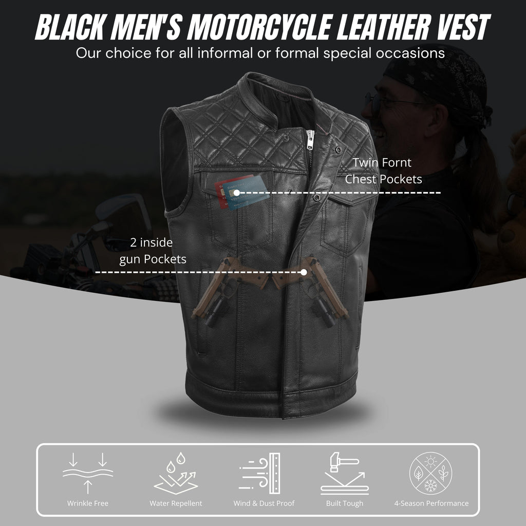 Men's Diamond Stitch Black Leather Economy Vest – Classic Cruiser Style by Rexons