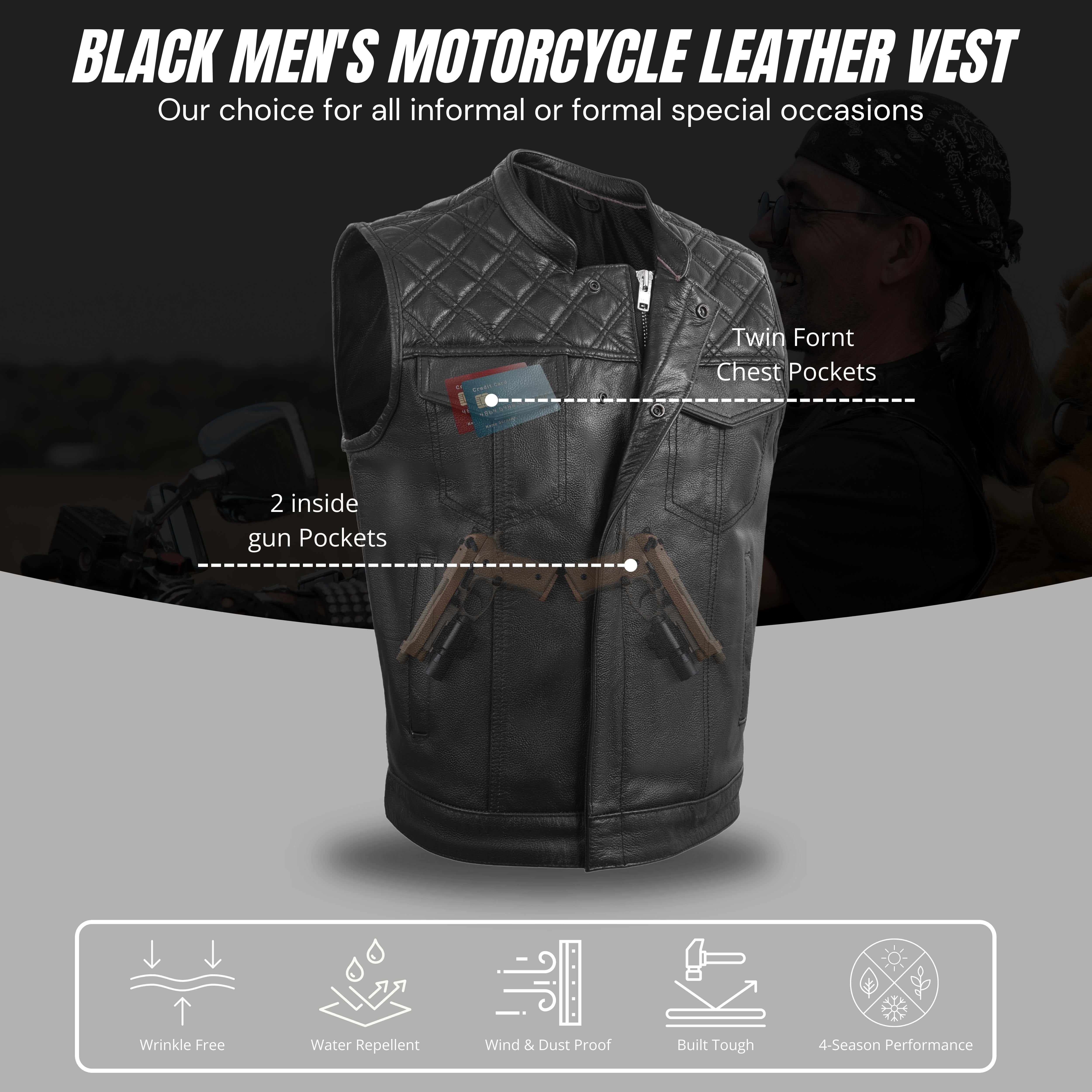 Men's Diamond Stitch Black Leather Economy Vest – Classic Cruiser Style by Rexons