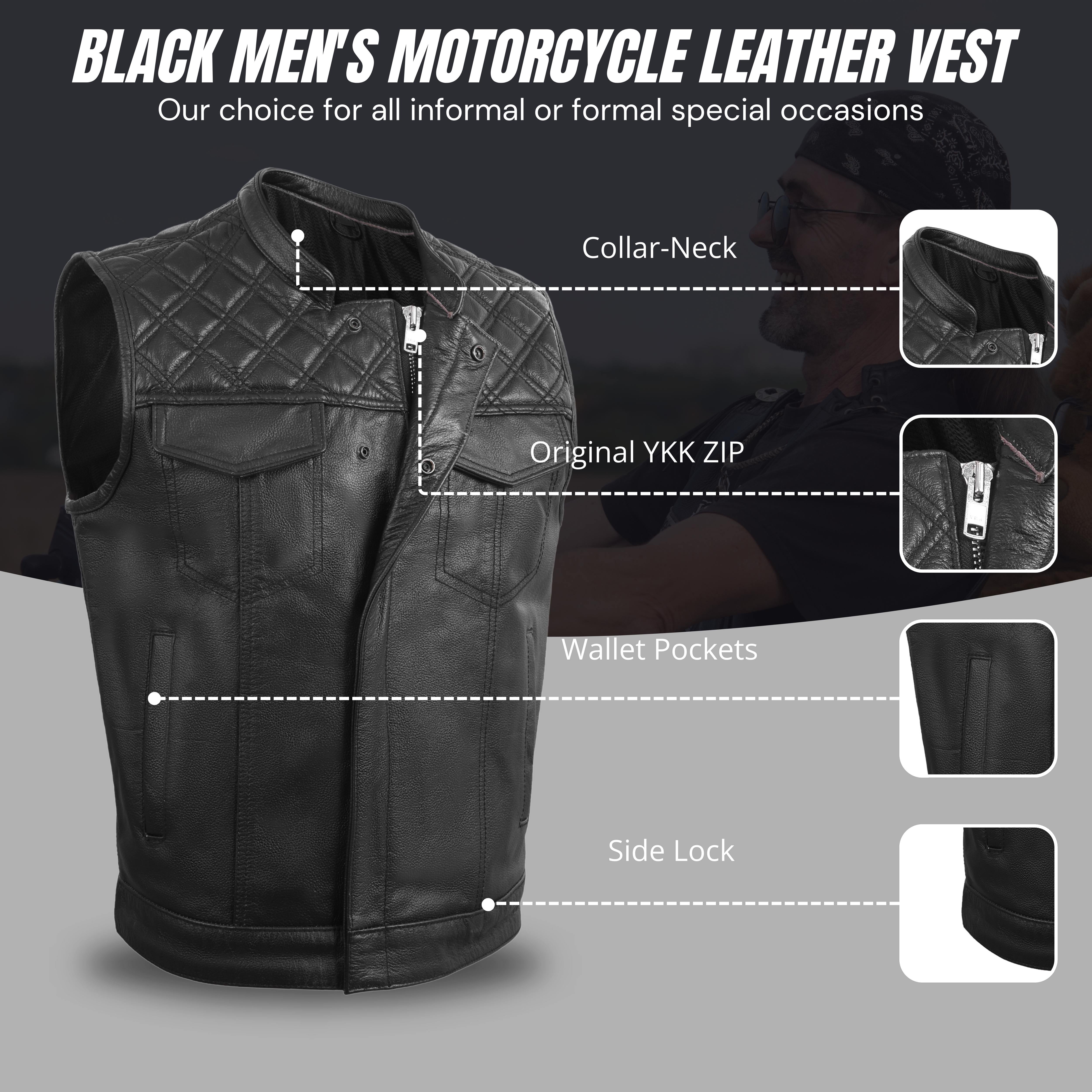 Men's Diamond Stitch Black Leather Economy Vest – Classic Cruiser Style by Rexons