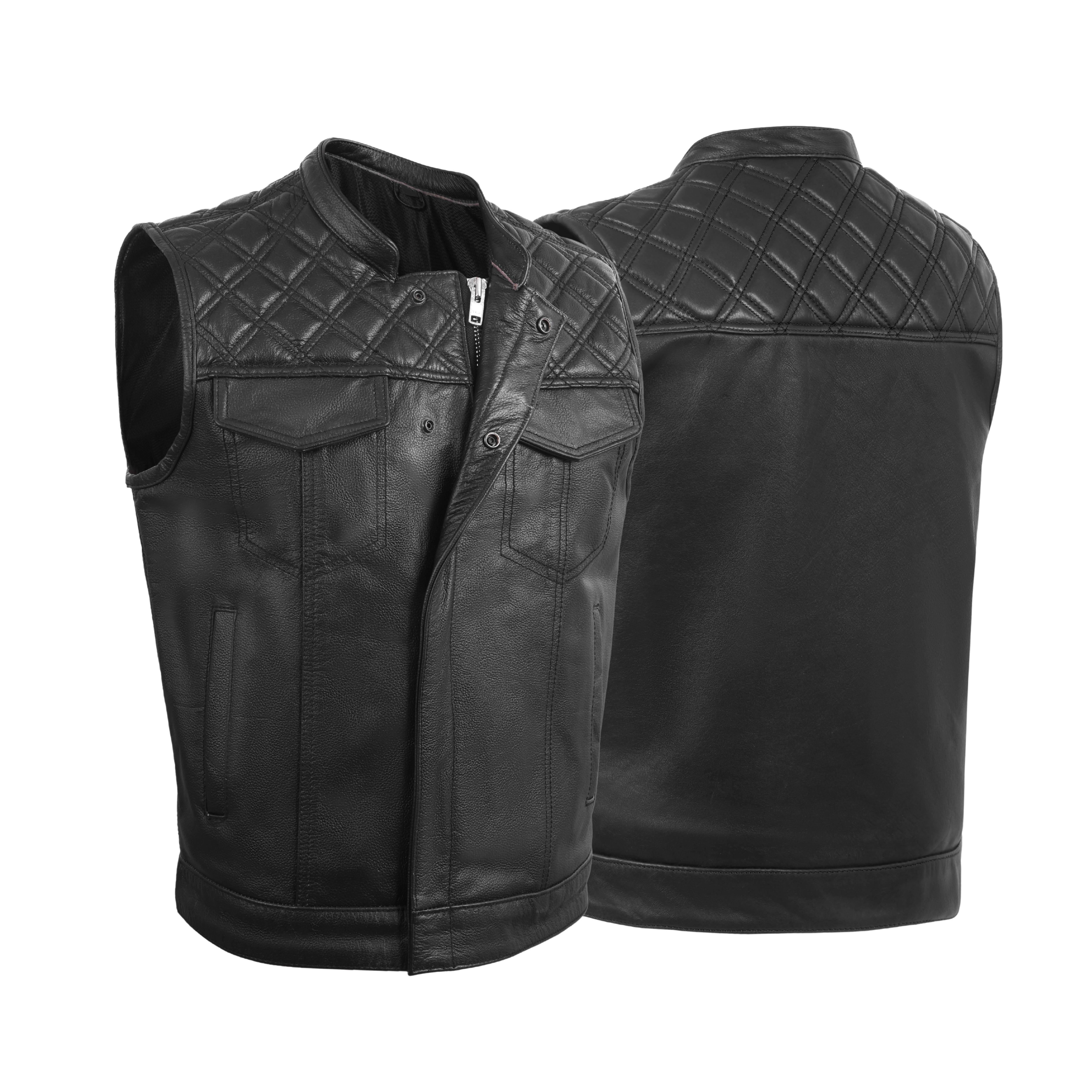 Men's Diamond Stitch Black Leather Economy Vest – Classic Cruiser Style by Rexons