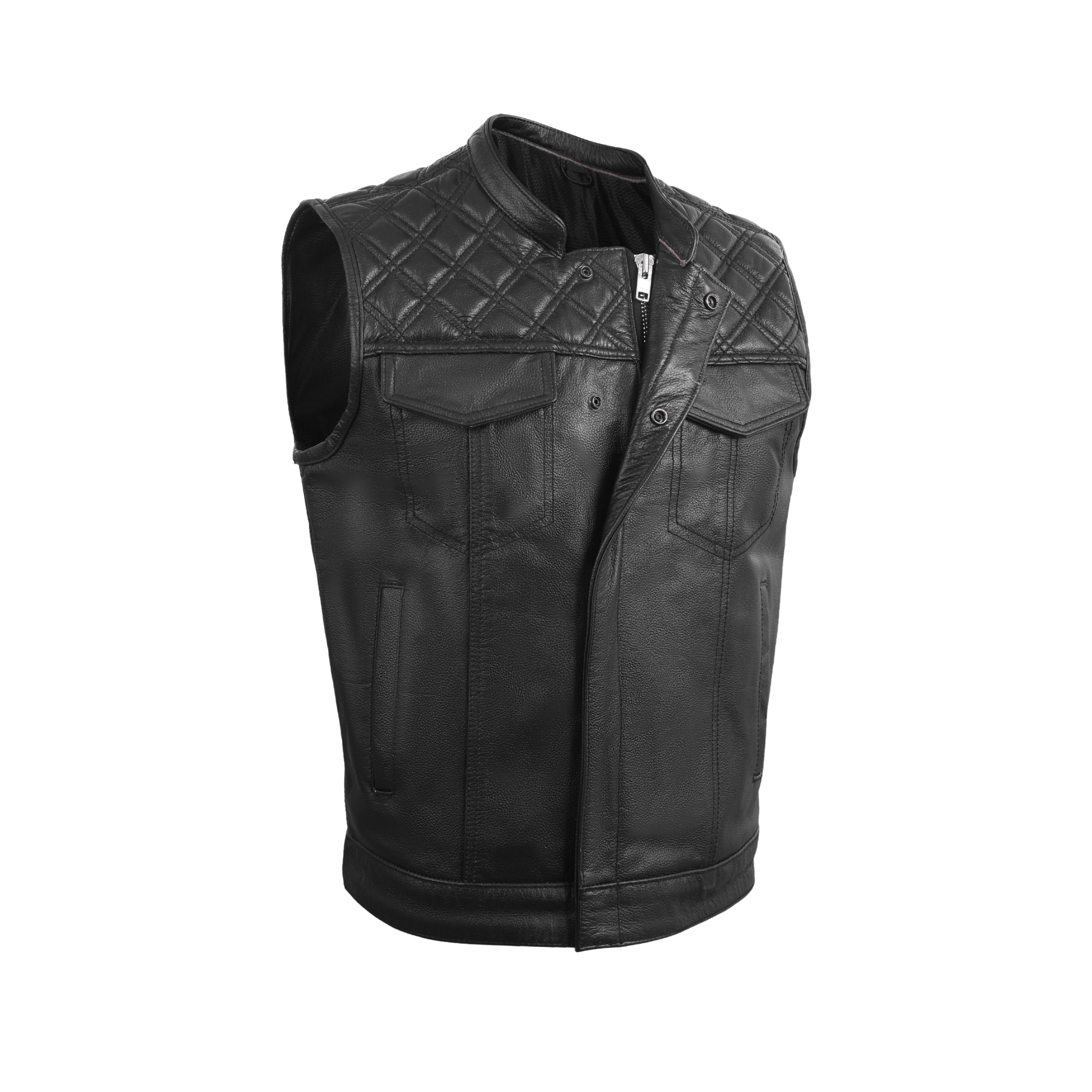 Men's Diamond Stitch Black Leather Economy Vest – Classic Cruiser Style by Rexons