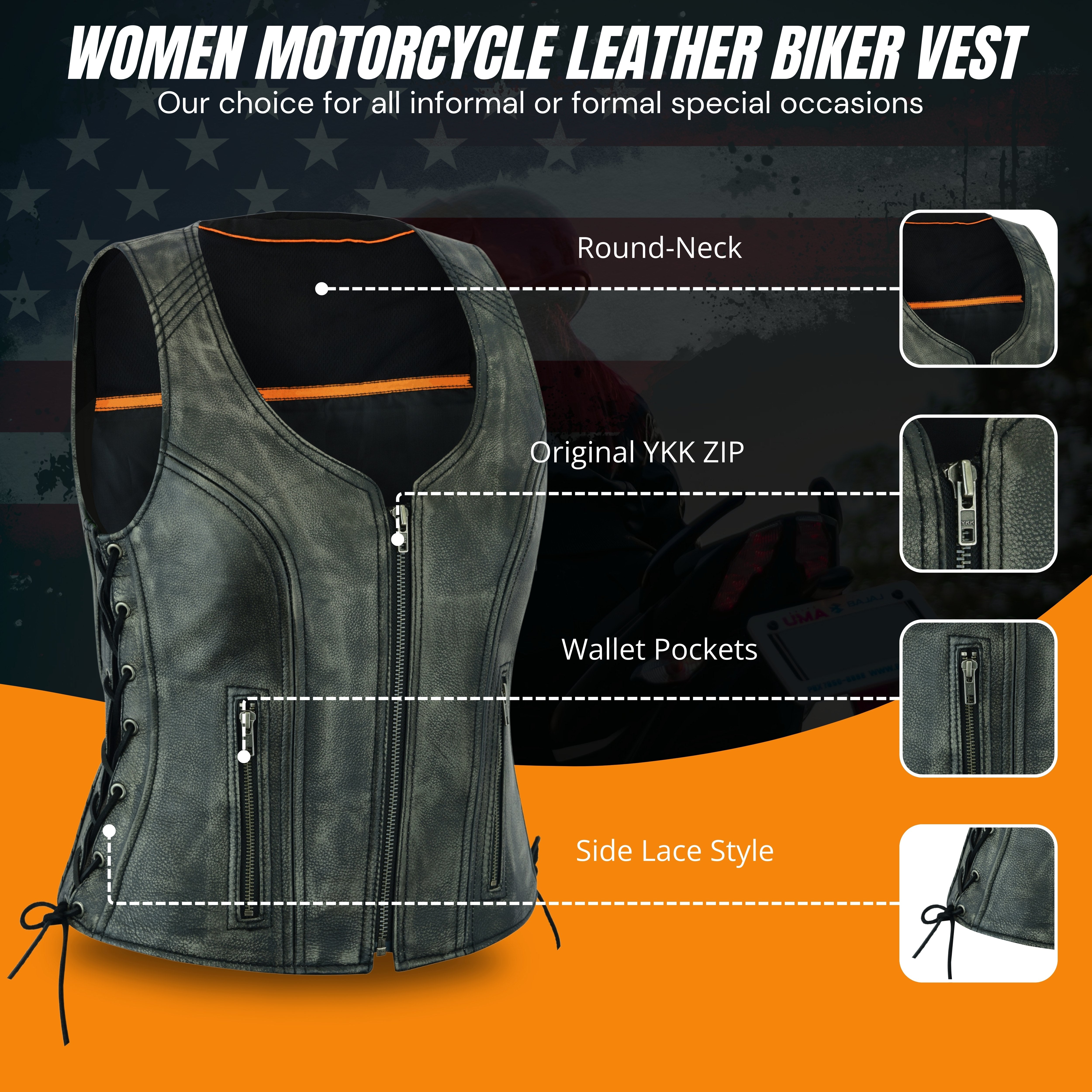 Distressed Grey ‘Open Neck’ Motorcycle Leather Vest with Side Laces – Premium Riderwear by Rexons
