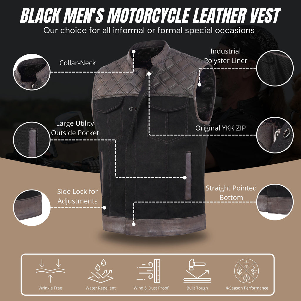 Men’s Brown Leather Diamond Stitch Motorcycle Vest – Rugged Biker Style by Rexons