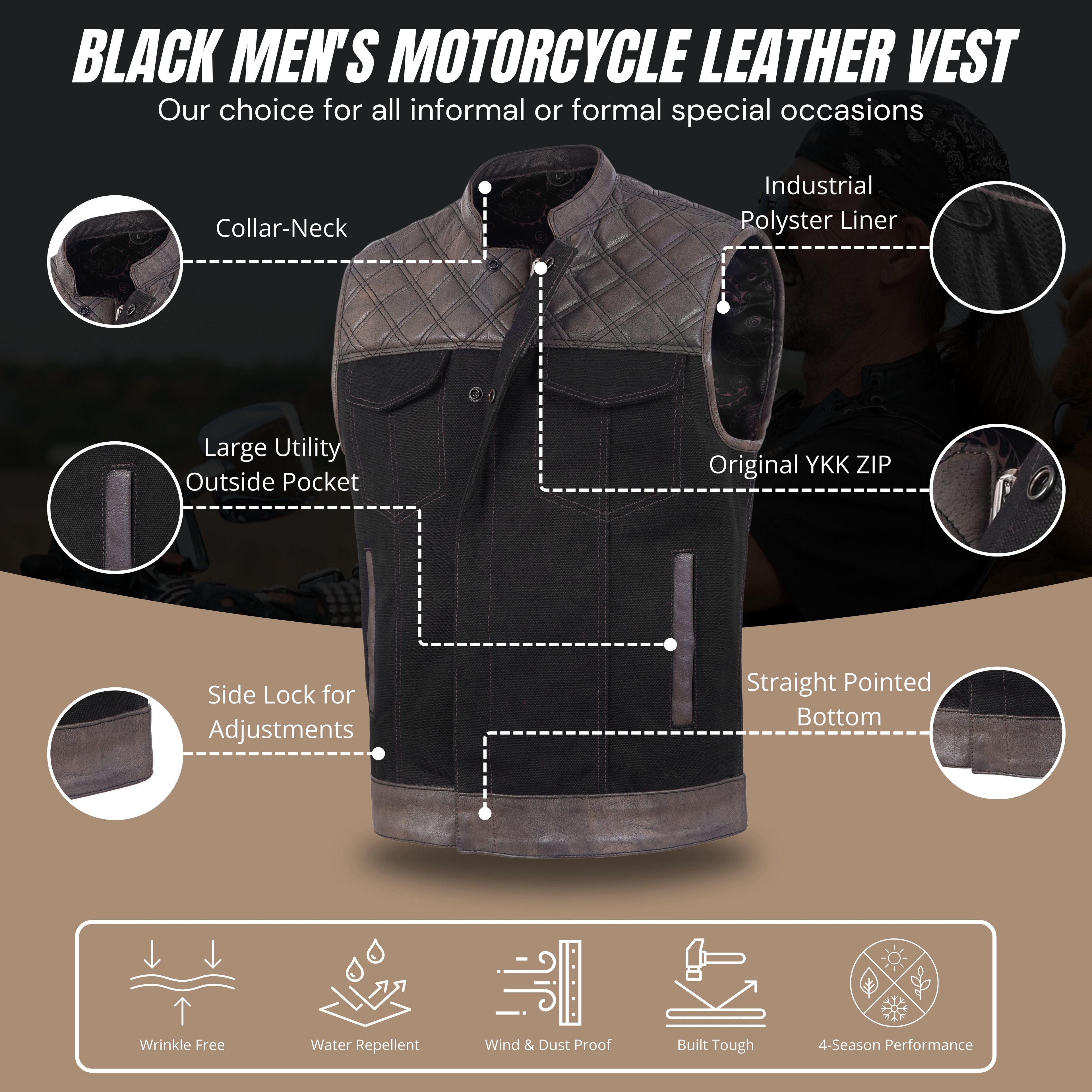 Men’s Brown Leather Diamond Stitch Motorcycle Vest – Rugged Biker Style by Rexons