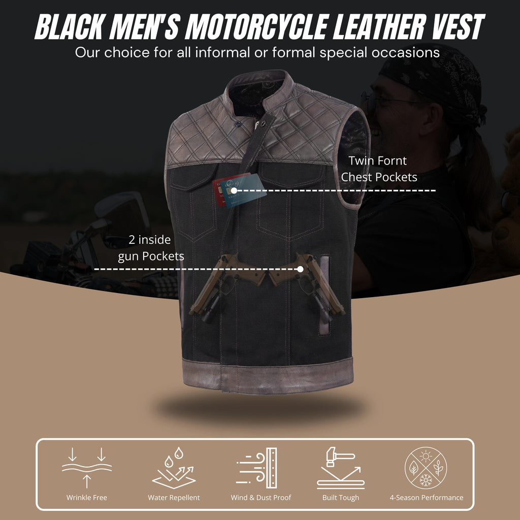 Men’s Brown Leather Diamond Stitch Motorcycle Vest – Rugged Biker Style by Rexons