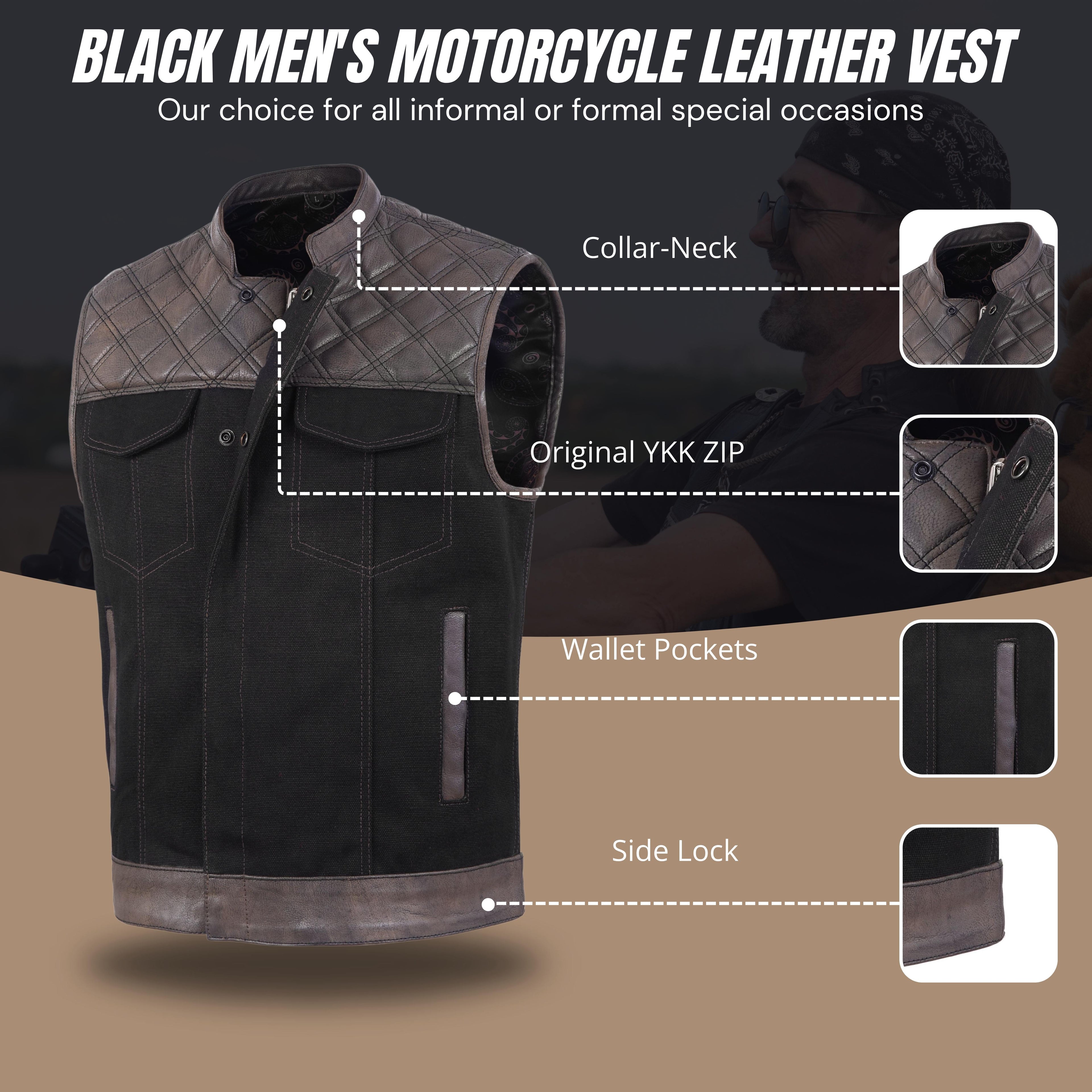 Men’s Brown Leather Diamond Stitch Motorcycle Vest – Rugged Biker Style by Rexons