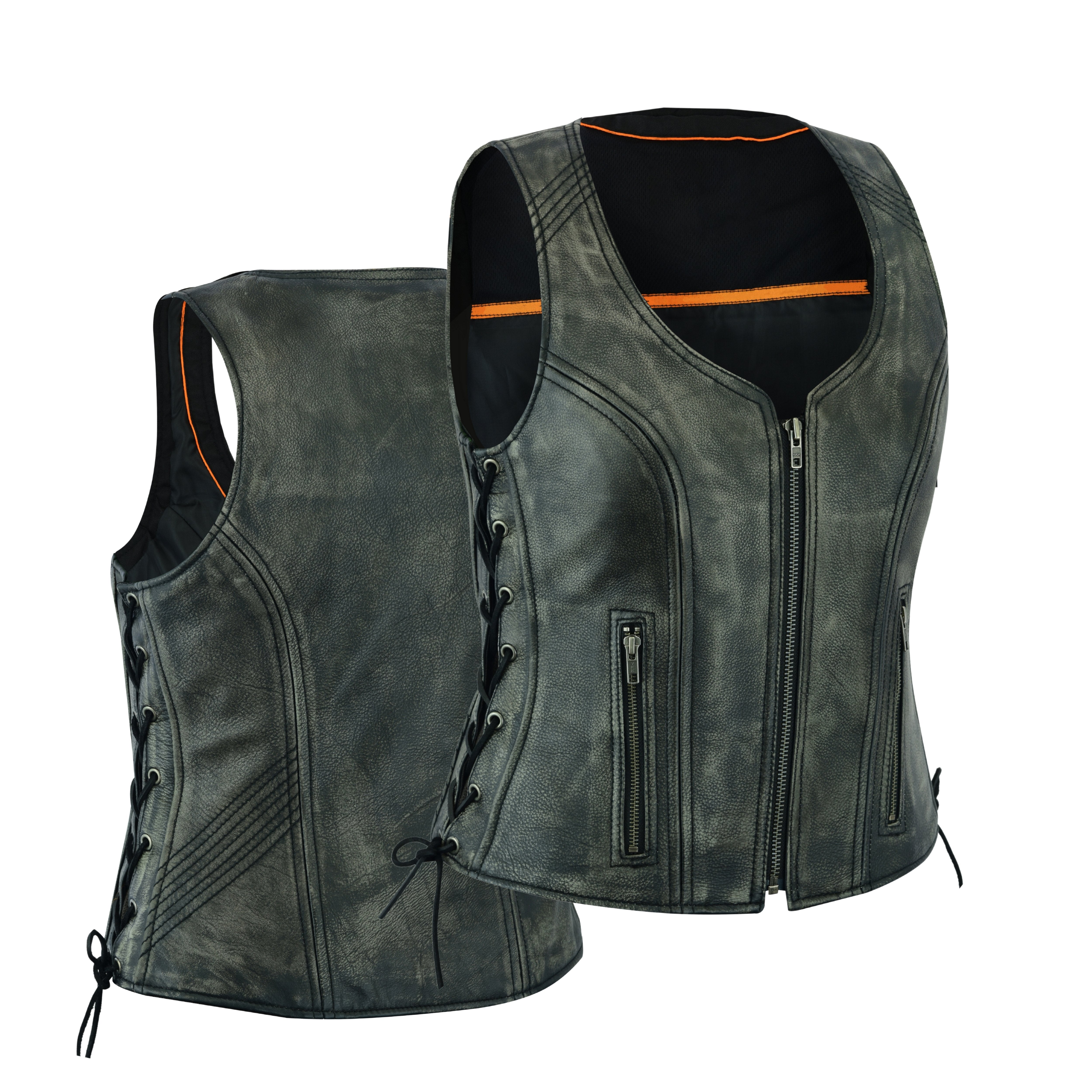 Distressed Grey ‘Open Neck’ Motorcycle Leather Vest with Side Laces – Premium Riderwear by Rexons