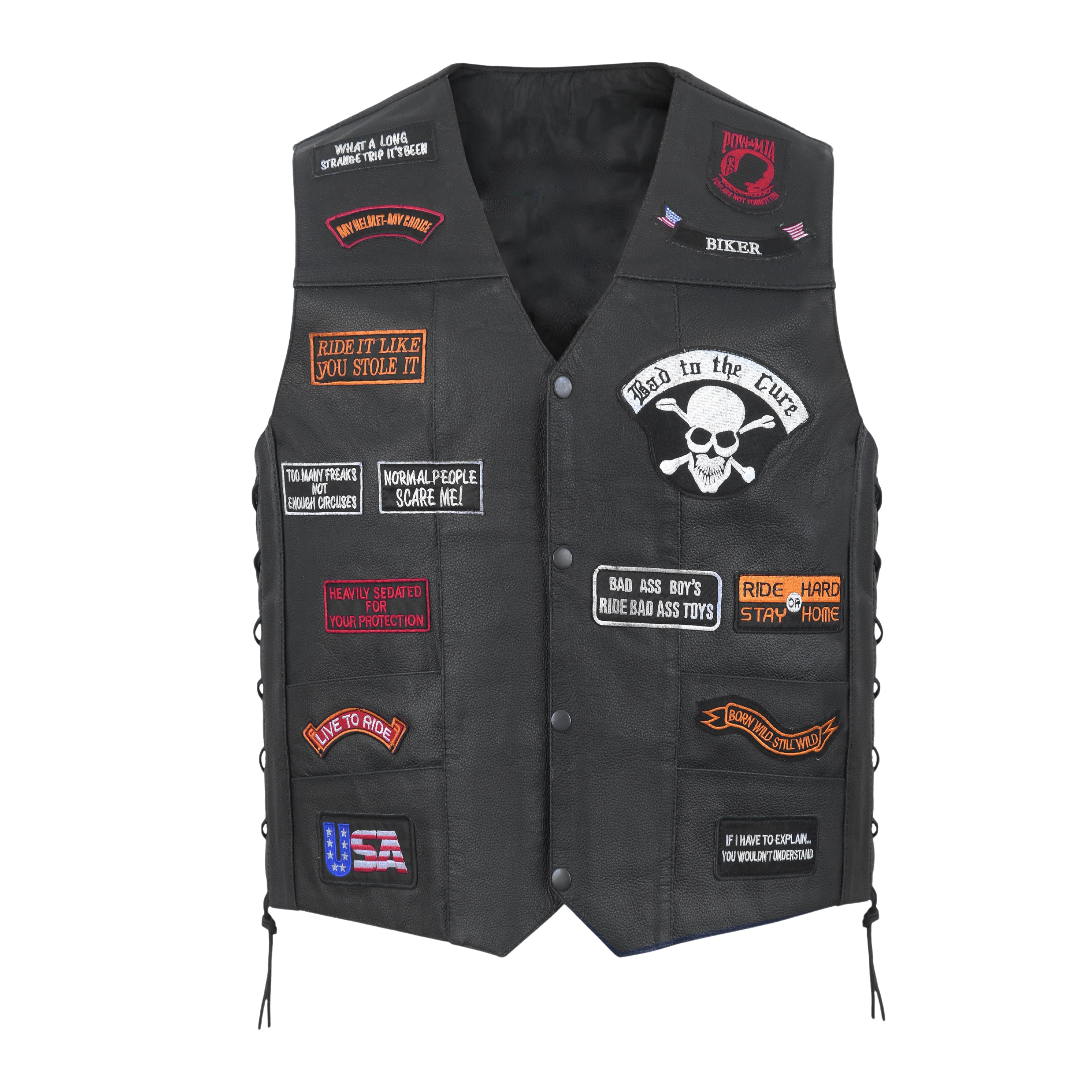 Aigle Skull Flame Biker Vest – 23 Patch Design – Plus Size Motorcycle Club Jacket