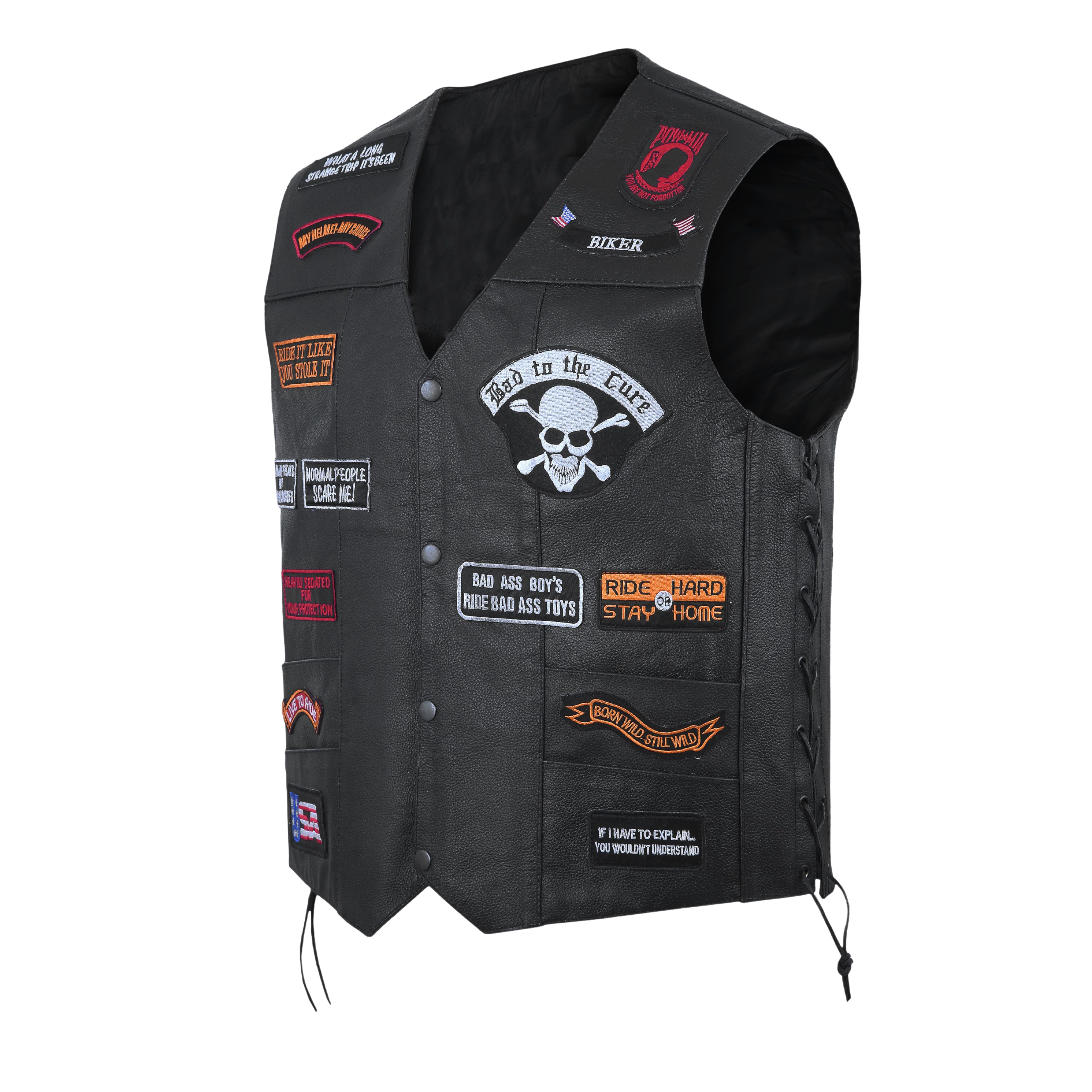Aigle Skull Flame Biker Vest – 23 Patch Design – Plus Size Motorcycle Club Jacket
