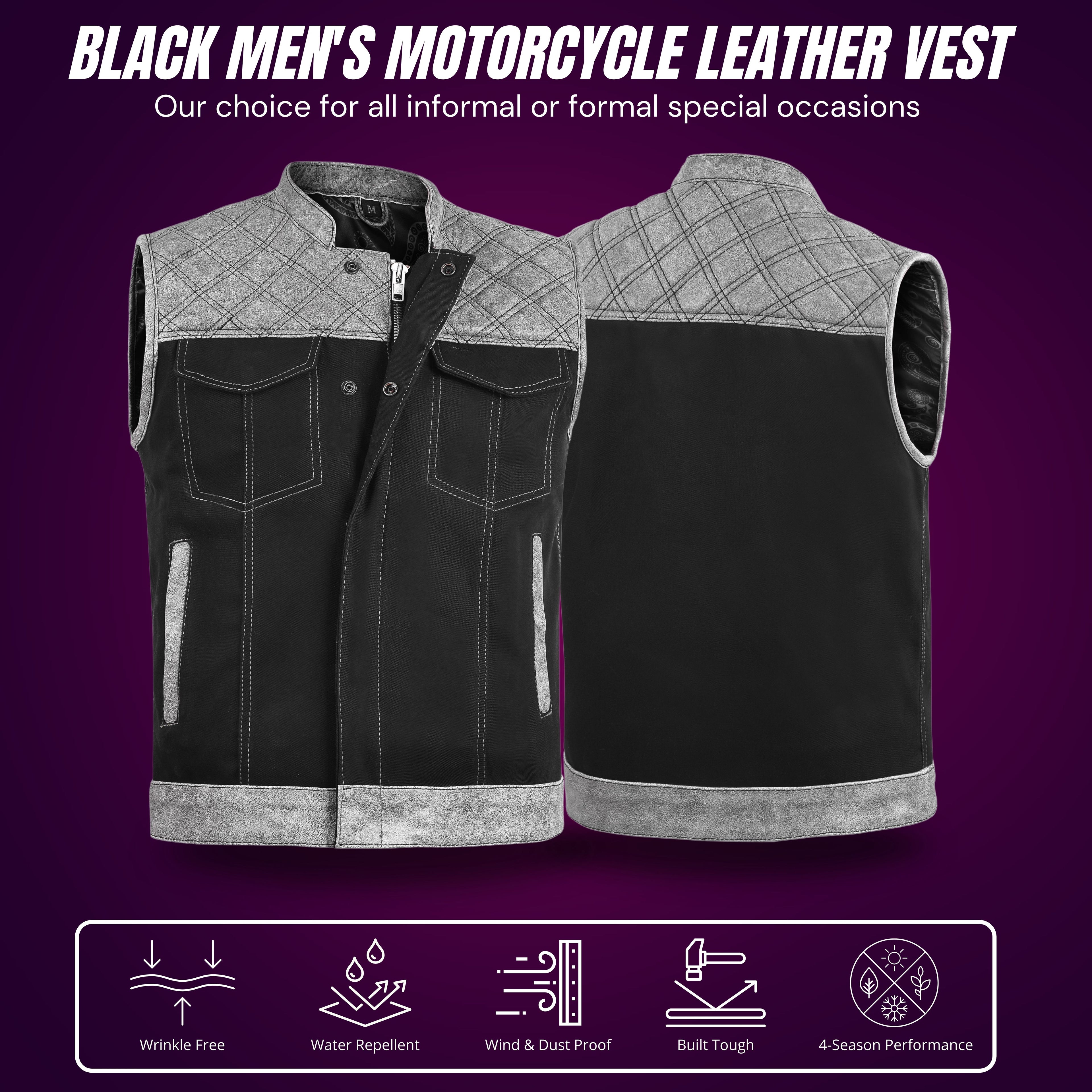 Men’s Grey Diamond Quilted Leather & Denim Biker Vest – Rugged Motorcycle Builder Style by Rexons