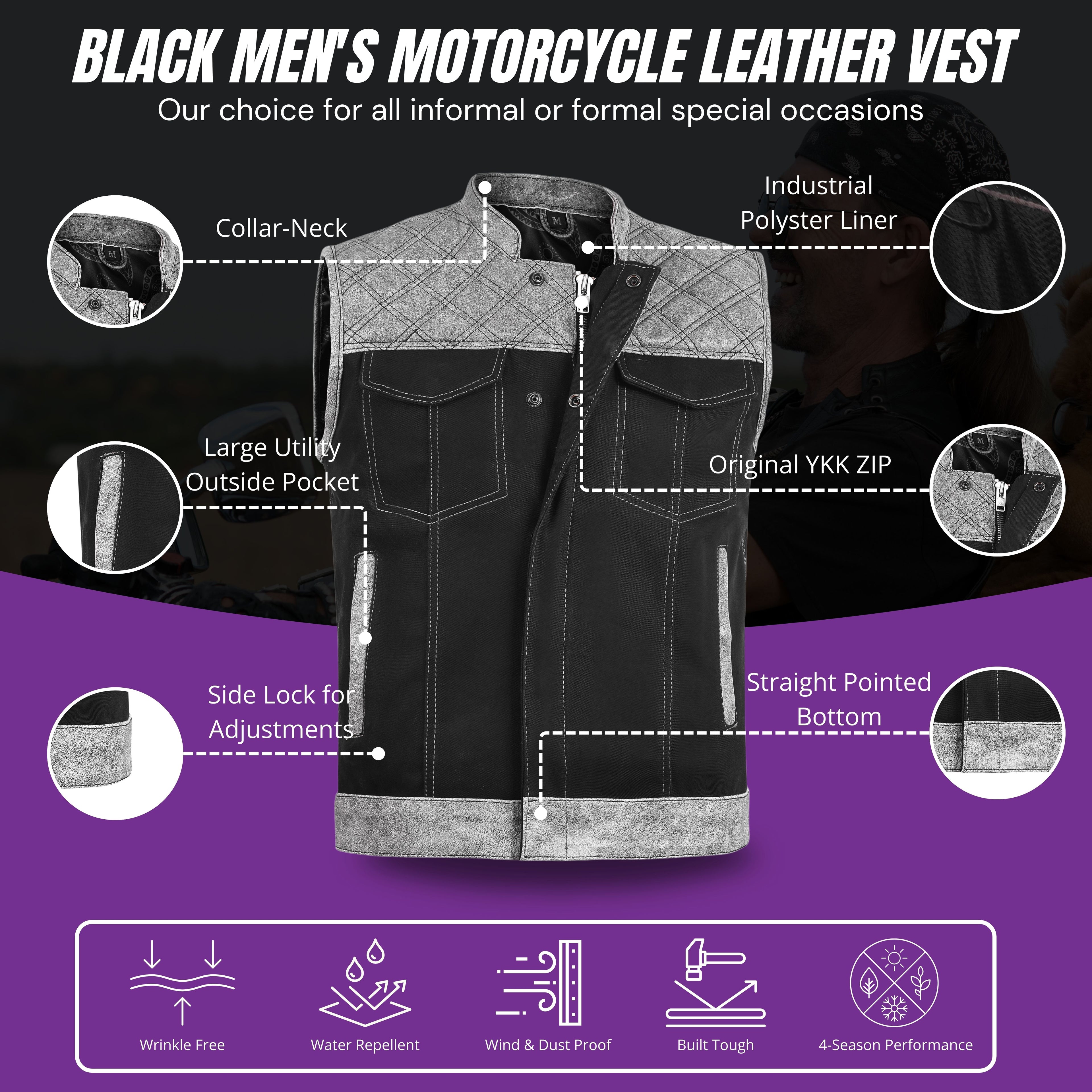 Men’s Grey Diamond Quilted Leather & Denim Biker Vest – Rugged Motorcycle Builder Style by Rexons