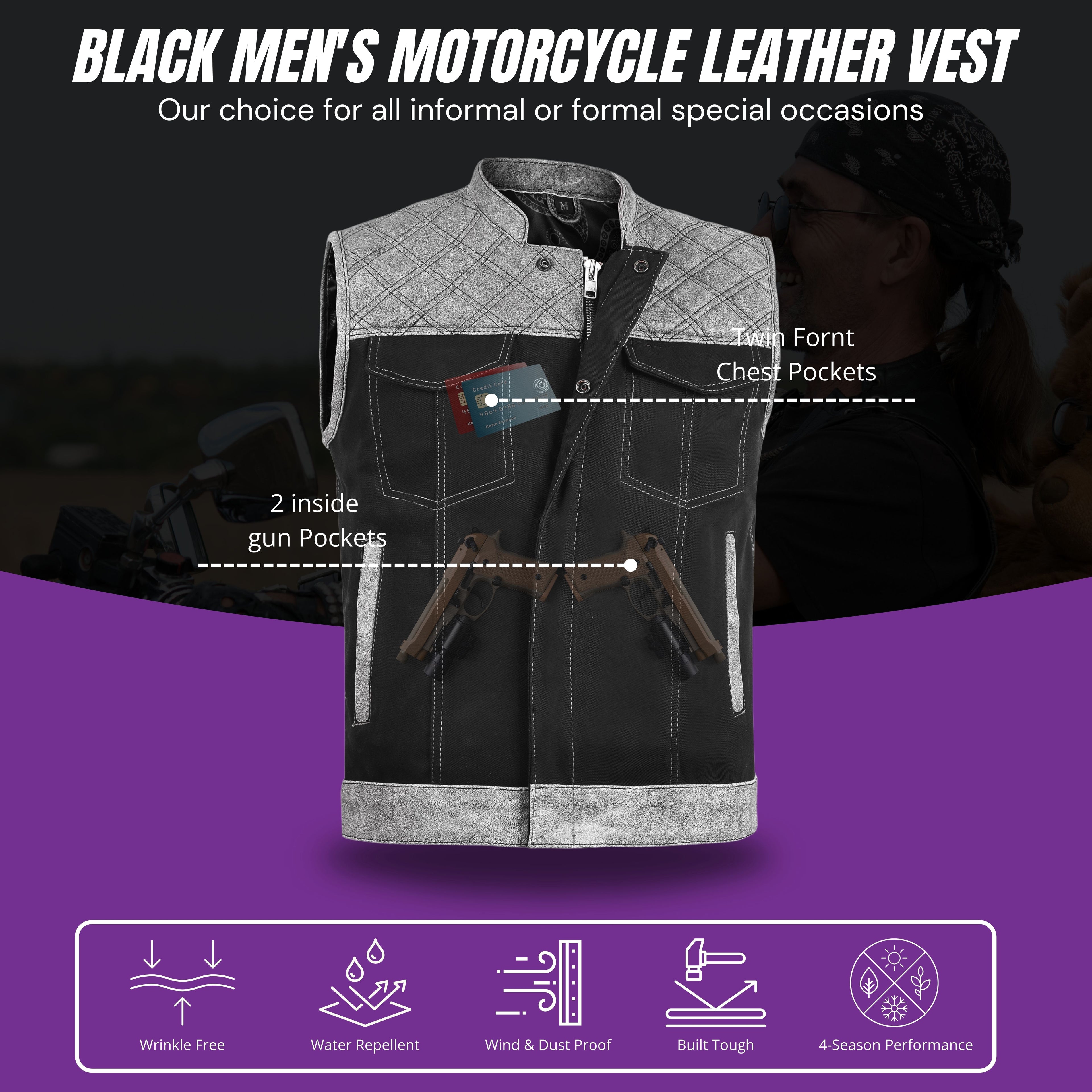 Men’s Grey Diamond Quilted Leather & Denim Biker Vest – Rugged Motorcycle Builder Style by Rexons