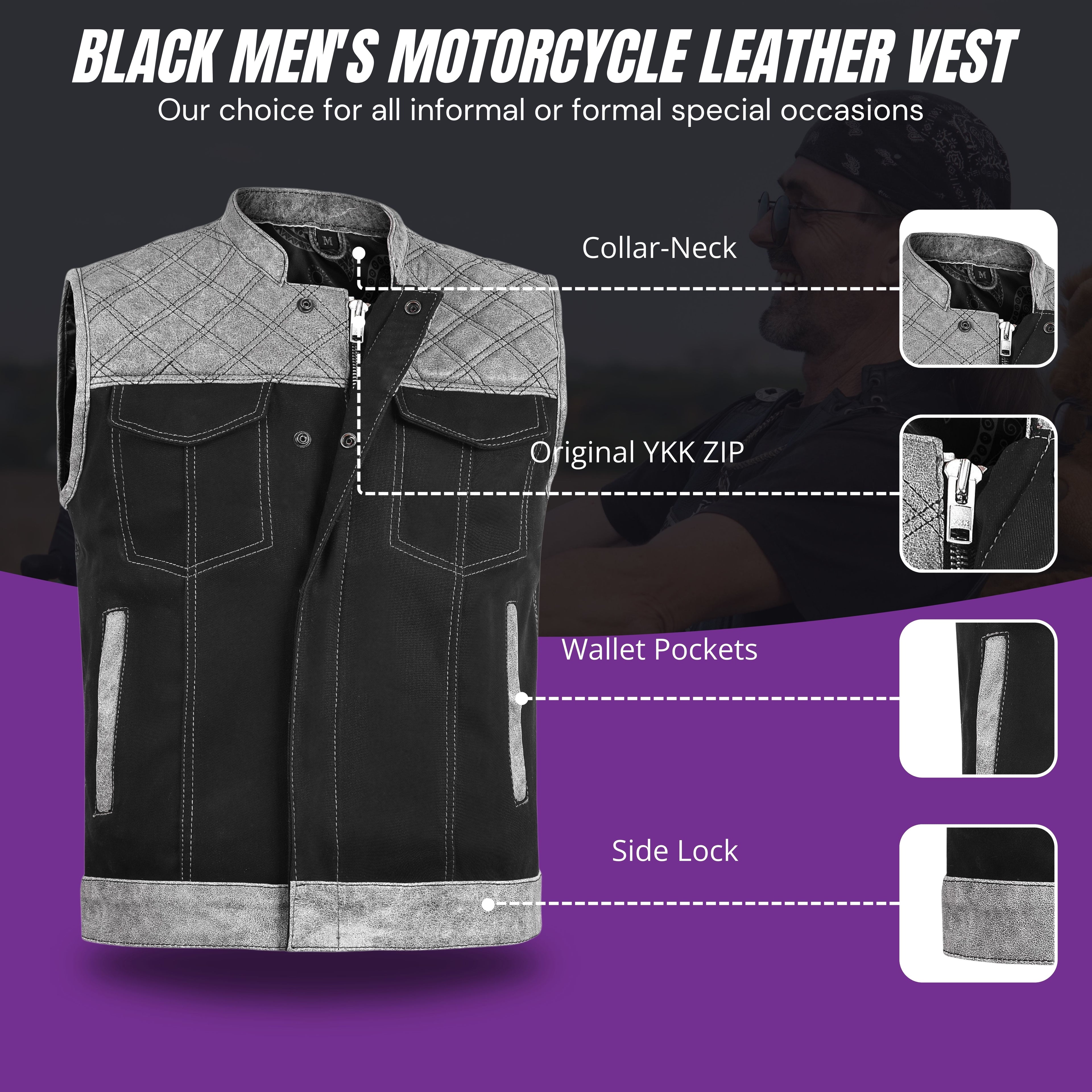 Men’s Grey Diamond Quilted Leather & Denim Biker Vest – Rugged Motorcycle Builder Style by Rexons