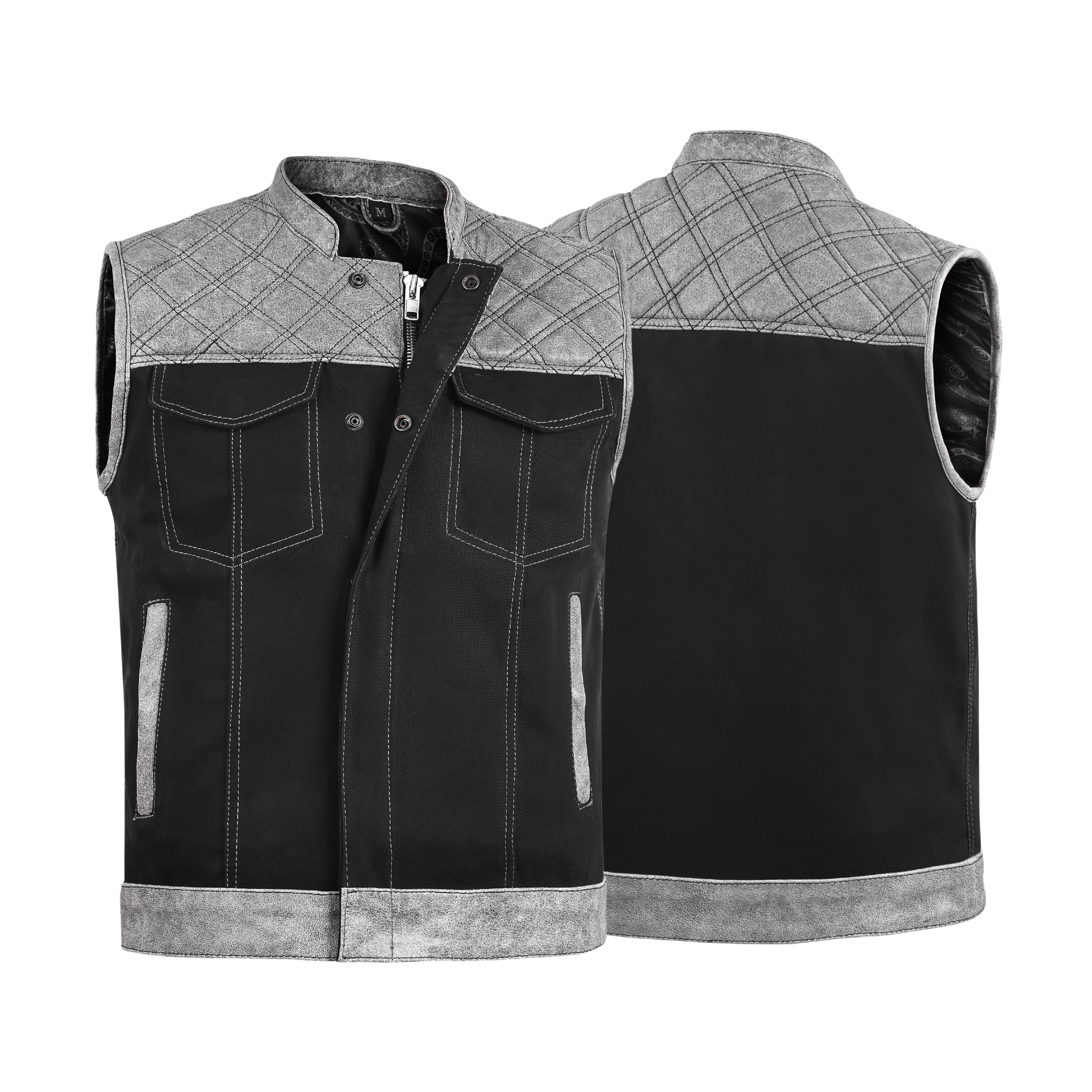 Men’s Grey Diamond Quilted Leather & Denim Biker Vest – Rugged Motorcycle Builder Style by Rexons