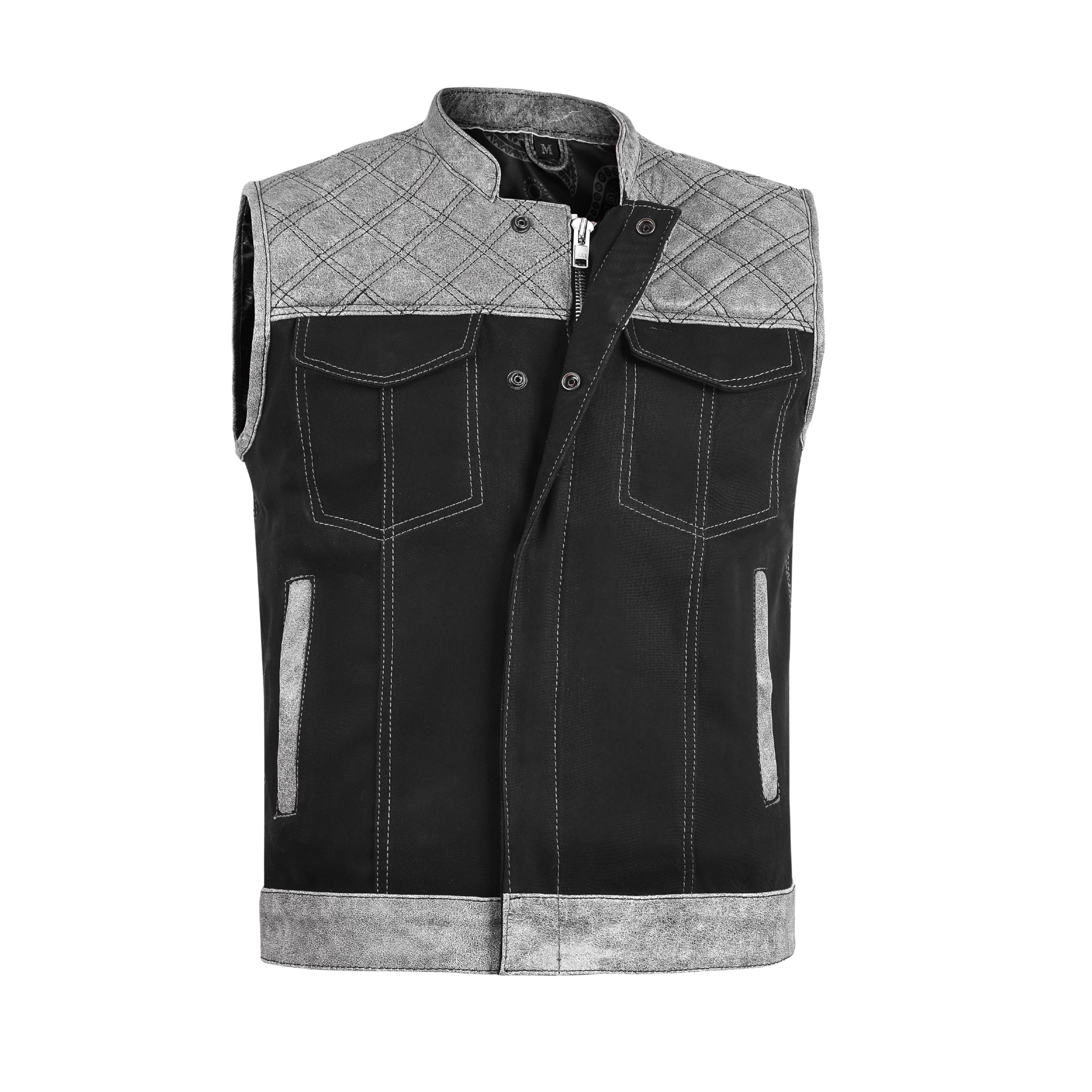 Men’s Grey Diamond Quilted Leather & Denim Biker Vest – Rugged Motorcycle Builder Style by Rexons