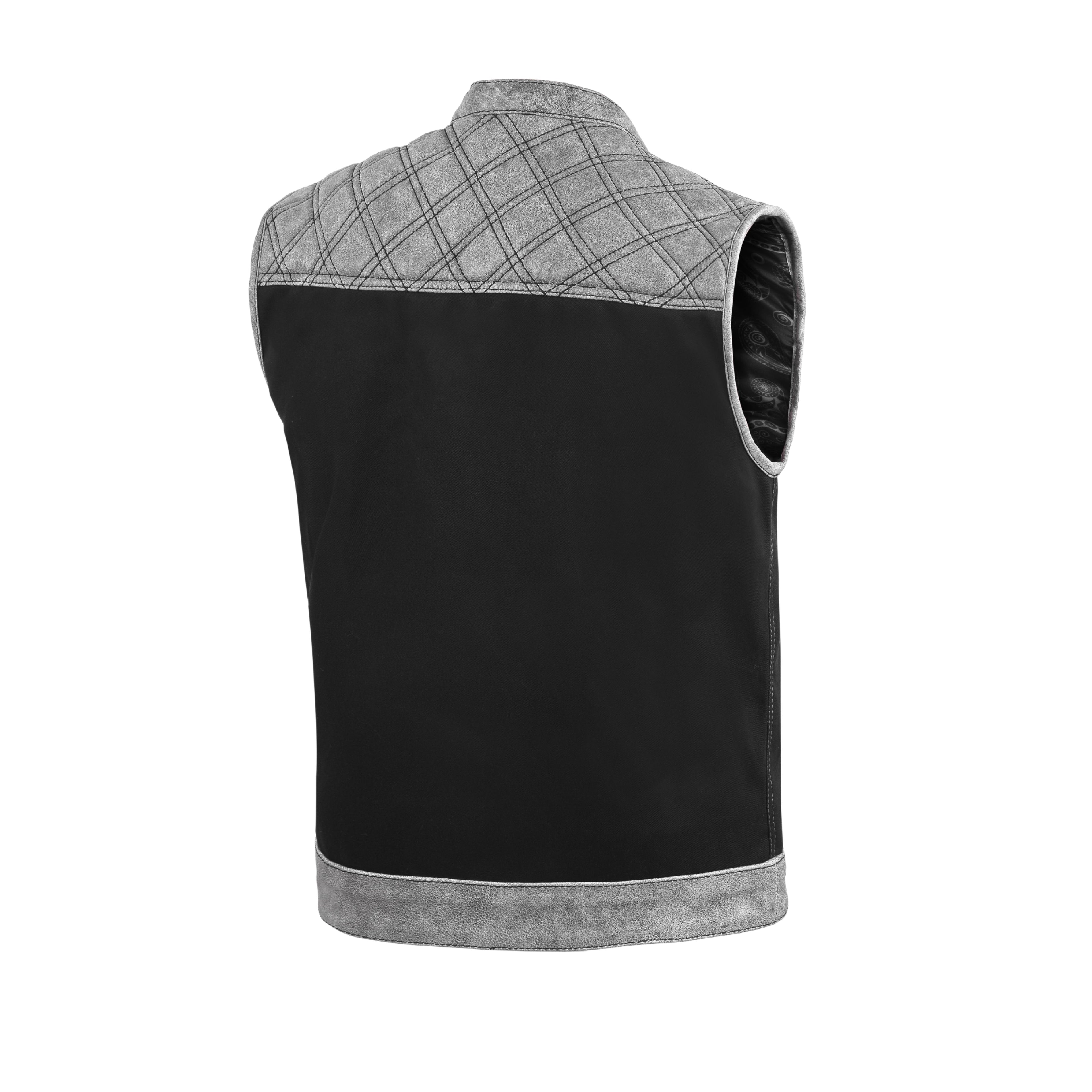Men’s Grey Diamond Quilted Leather & Denim Biker Vest – Rugged Motorcycle Builder Style by Rexons