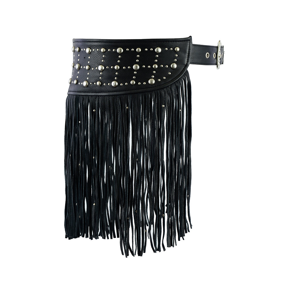 Black Tassel Studded Leather Hip Belt – Edgy Festival Waist Chain by Rexons
