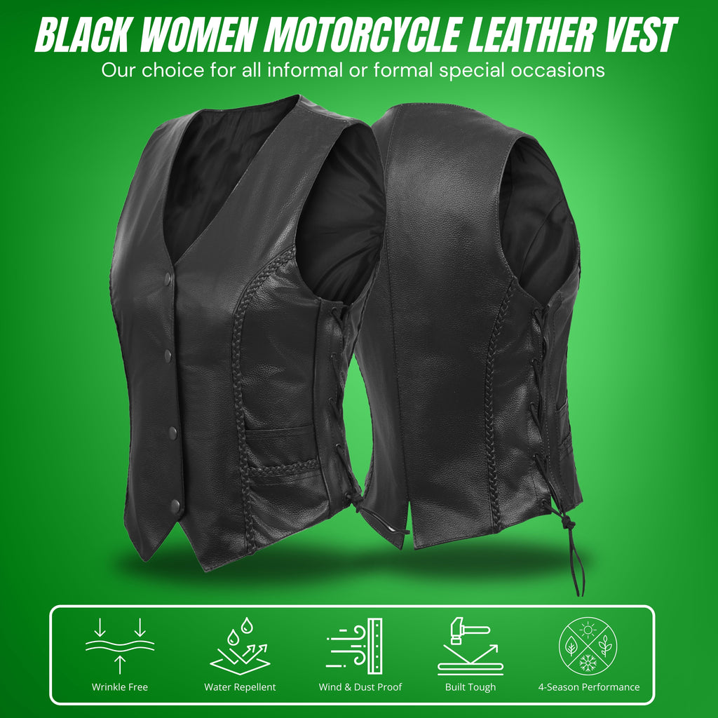 Women’s Rib Stretch Zipper Front Leather Vest by Rexons – Sleek Fit & Stylish Ride Wear
