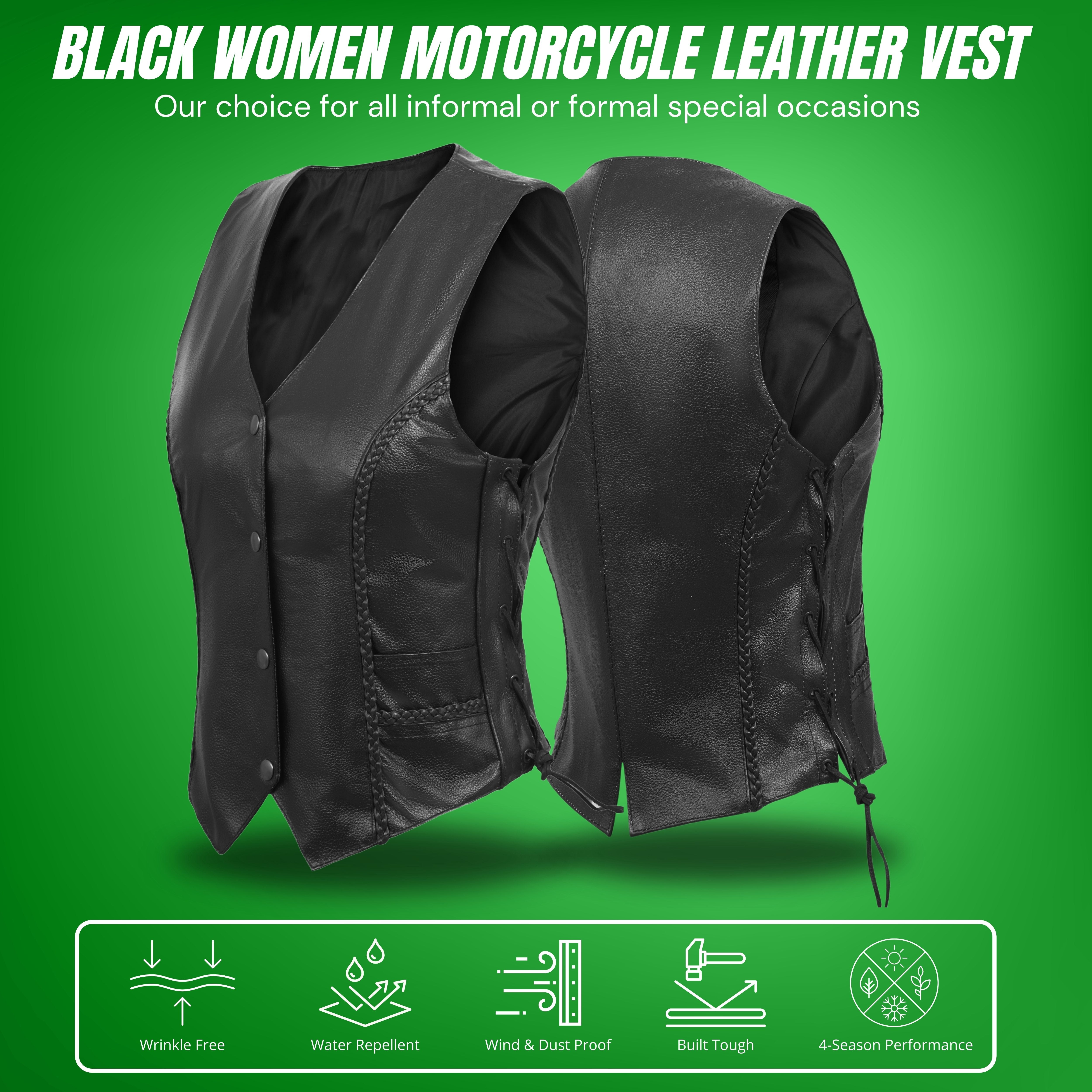 WCWV53541SPT Women’s Rib Stretch Zipper Front Leather Vest by Rexons – Sleek Fit & Stylish Ride Wear