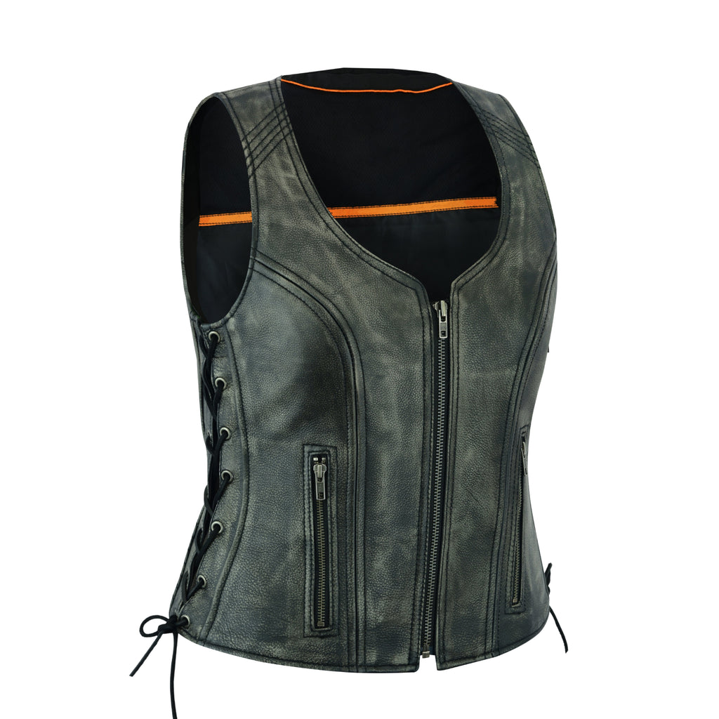 Distressed Grey ‘Open Neck’ Motorcycle Leather Vest with Side Laces – Premium Riderwear by Rexons