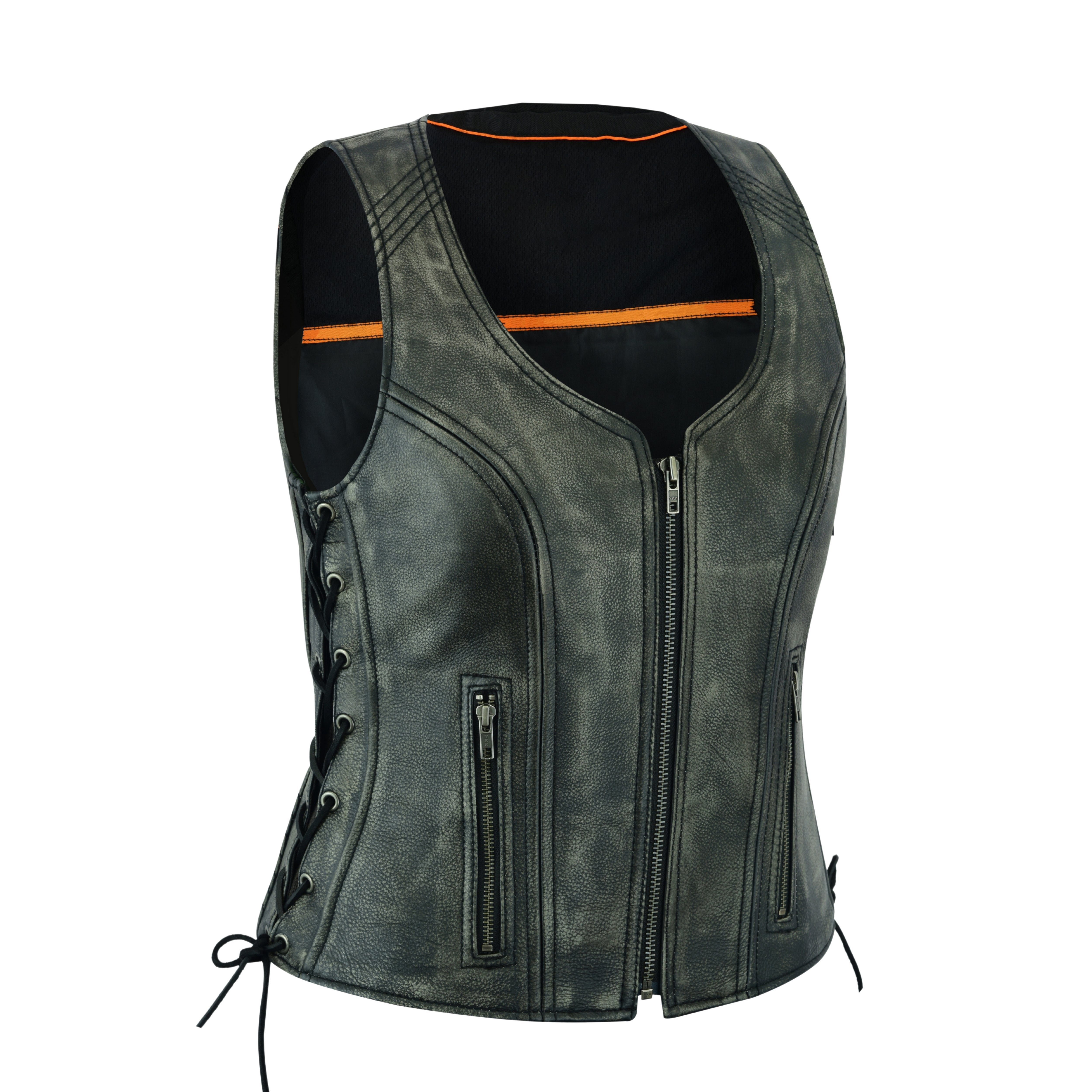 Distressed Grey ‘Open Neck’ Motorcycle Leather Vest with Side Laces – Premium Riderwear by Rexons