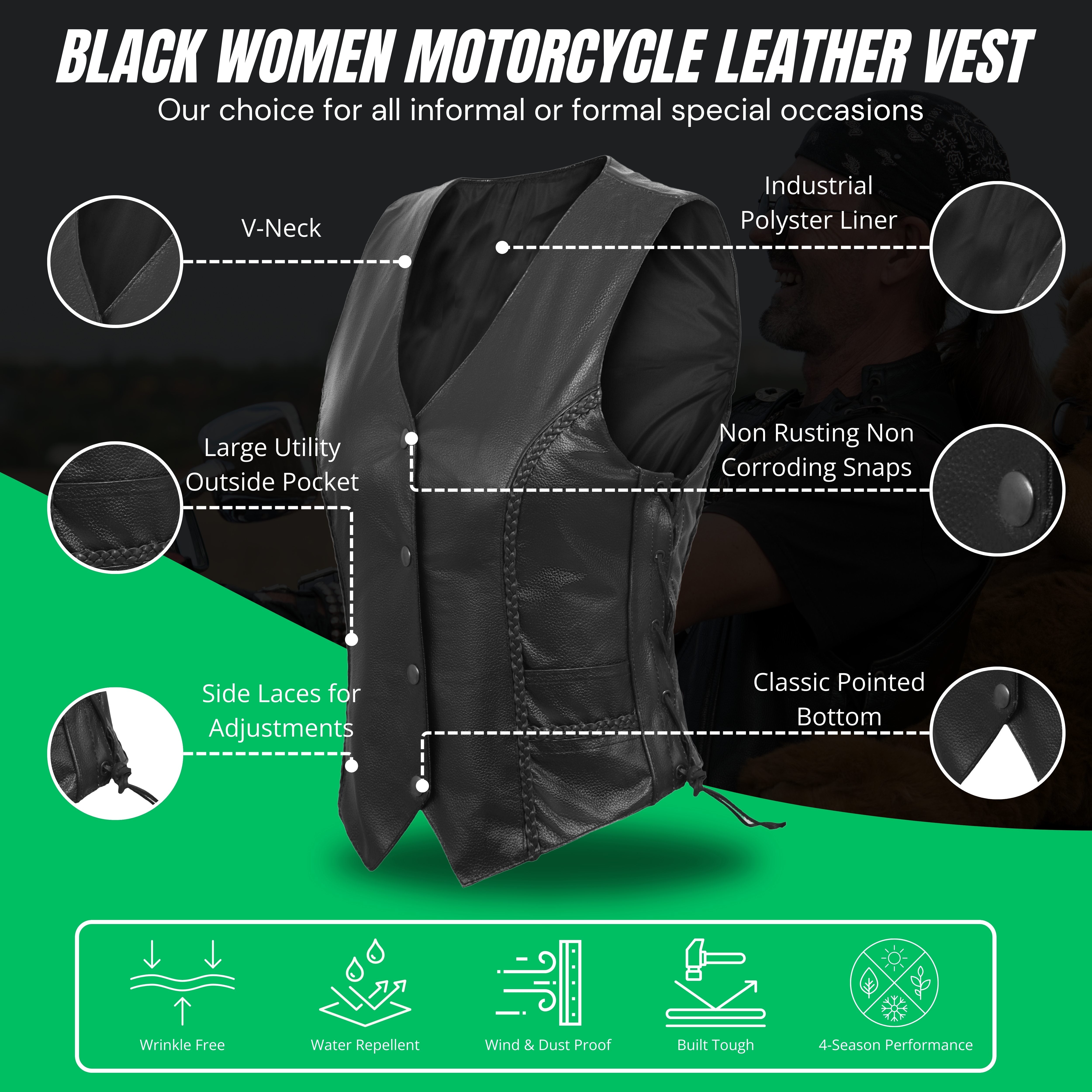 WCWV53541SPT Women’s Rib Stretch Zipper Front Leather Vest by Rexons – Sleek Fit & Stylish Ride Wear