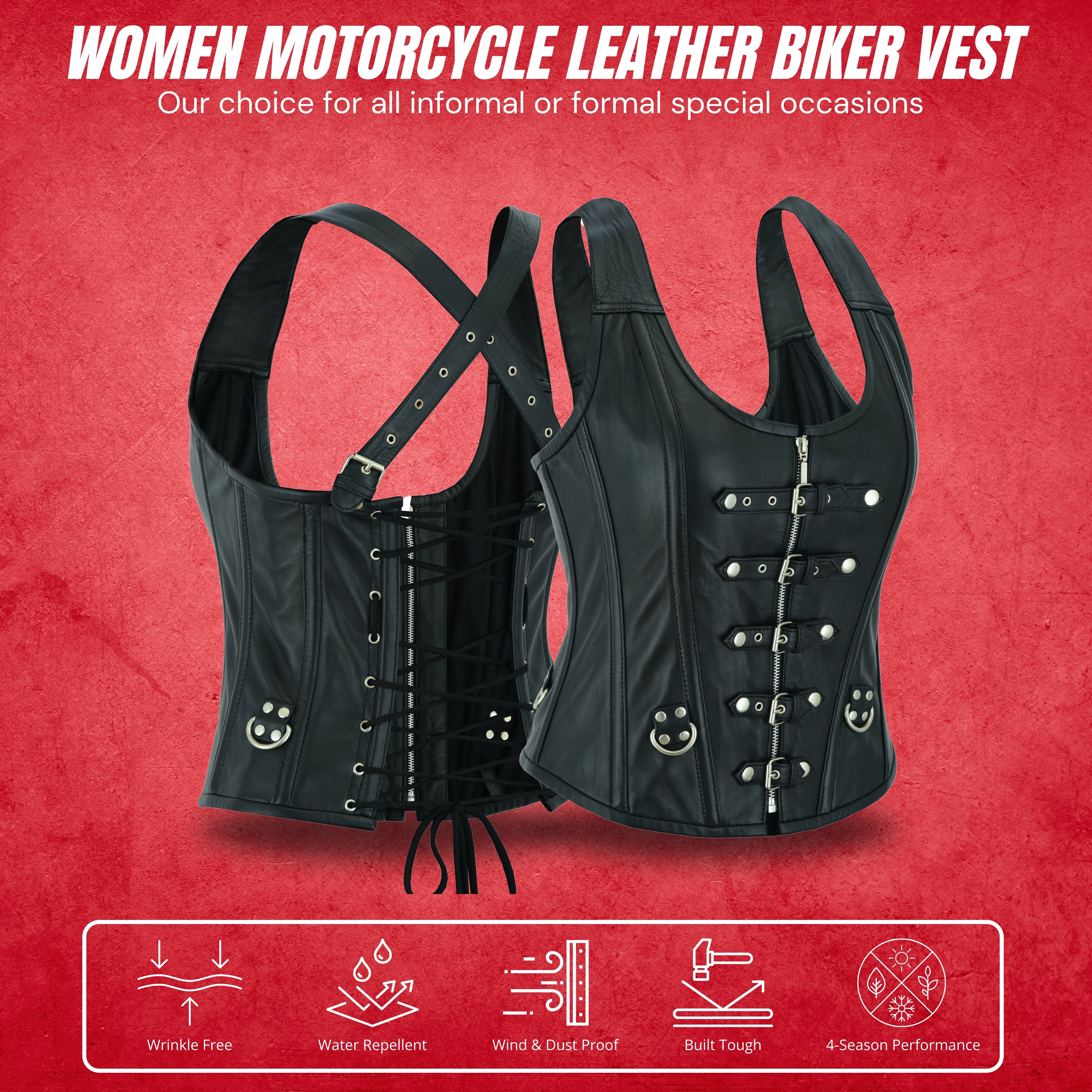 Women’s Gothic Punk Rock Leather Corset Top – Steel Boned Steampunk Bustier with Halter Shoulder Straps & Buckles by Rexons