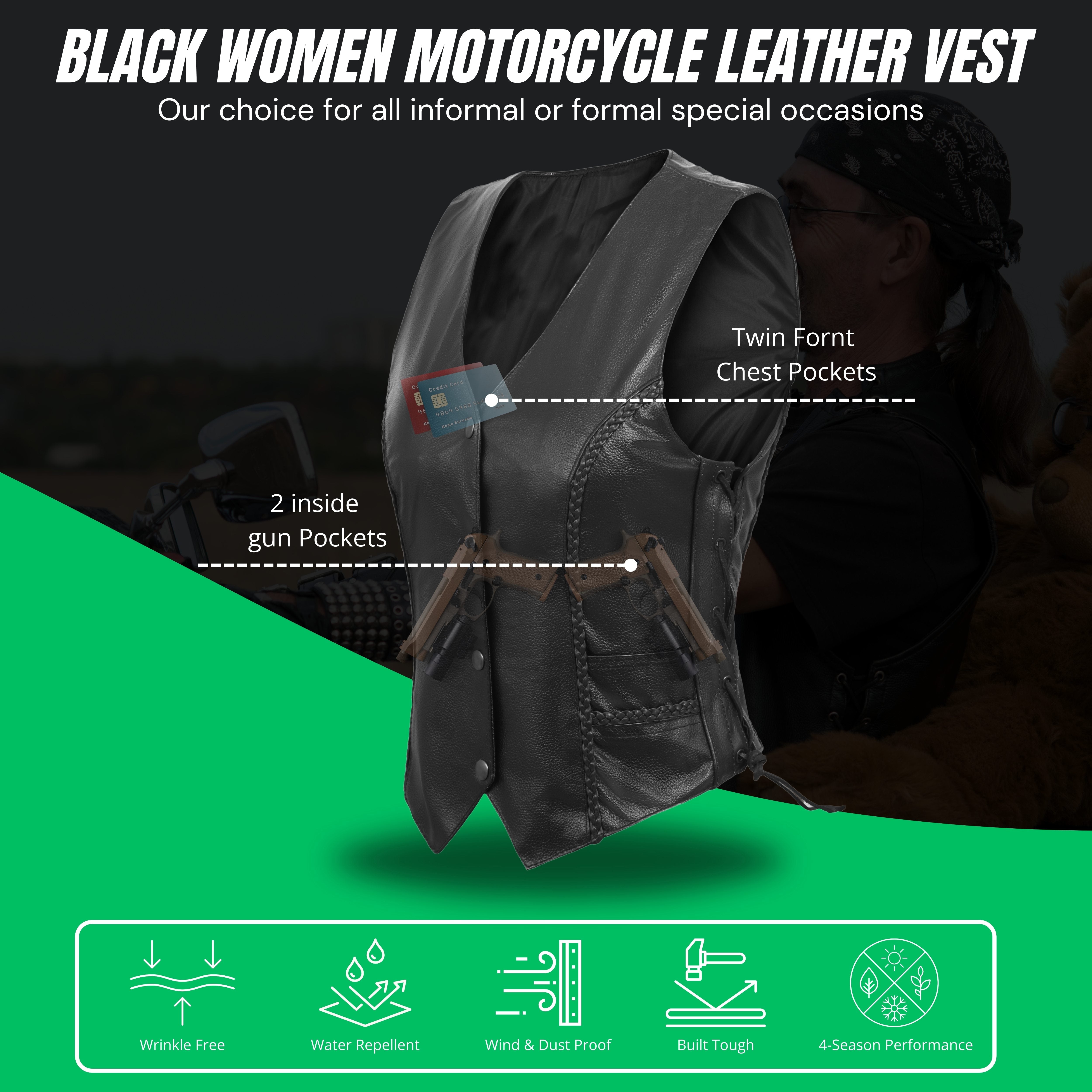 WCWV53541SPT Women’s Rib Stretch Zipper Front Leather Vest by Rexons – Sleek Fit & Stylish Ride Wear