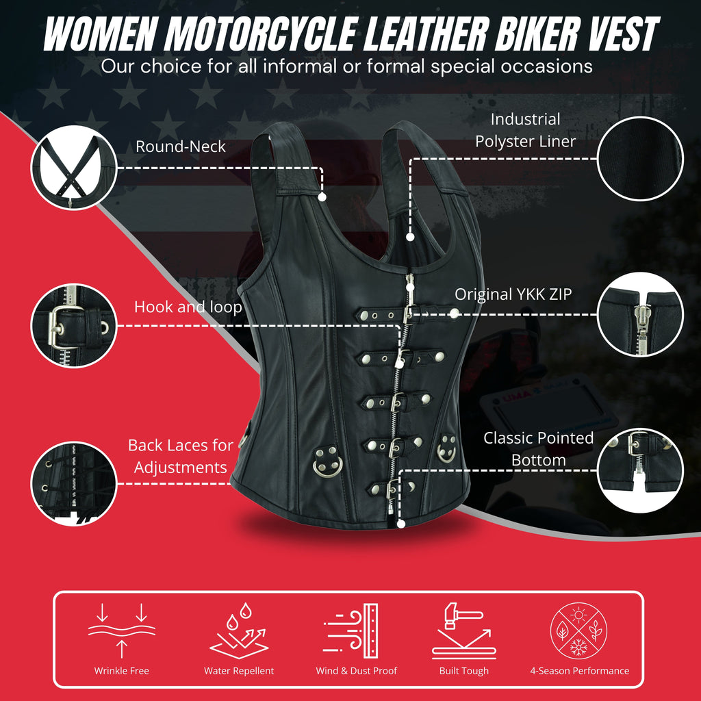 Women’s Gothic Punk Rock Leather Corset Top – Steel Boned Steampunk Bustier with Halter Shoulder Straps & Buckles by Rexons