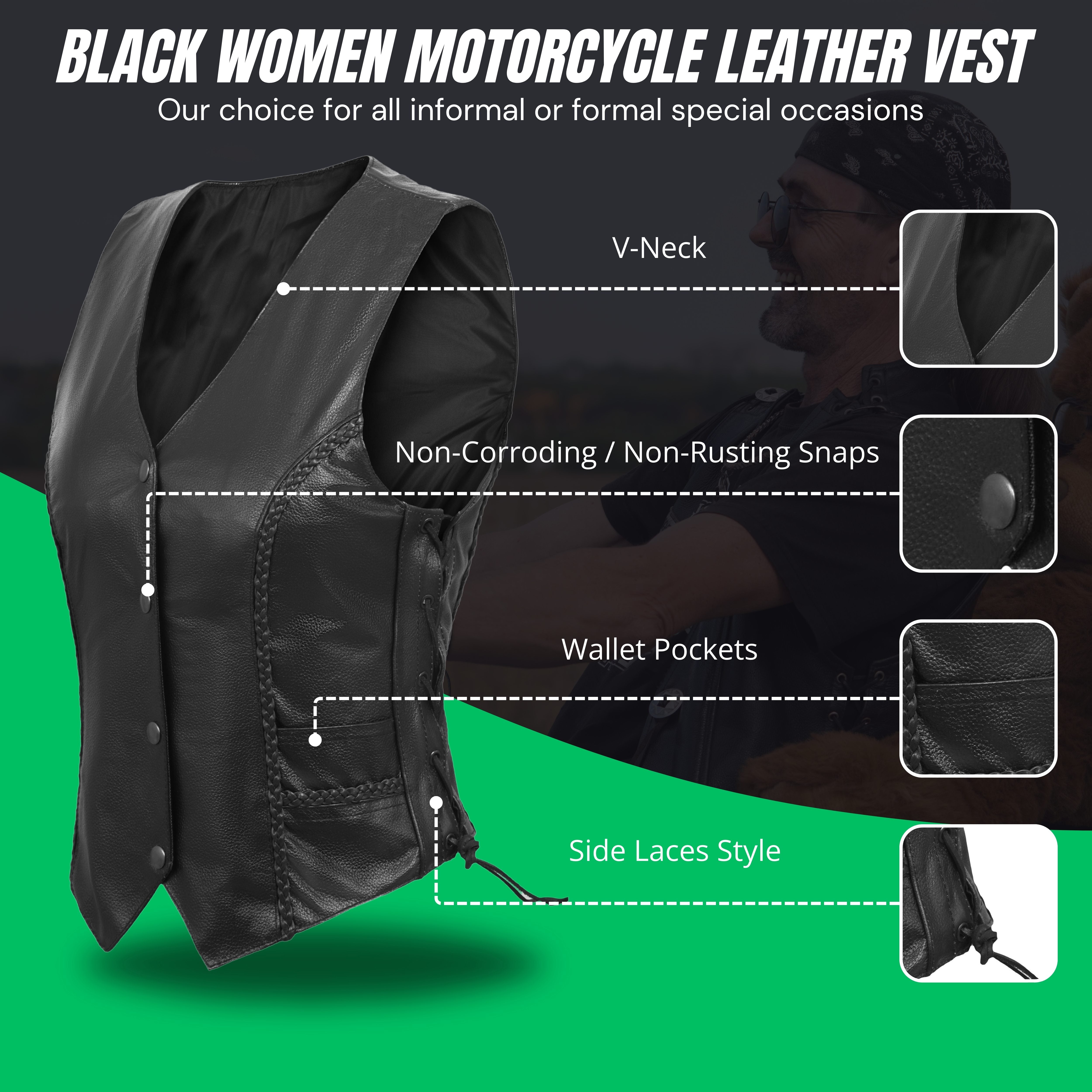 WCWV53541SPT Women’s Rib Stretch Zipper Front Leather Vest by Rexons – Sleek Fit & Stylish Ride Wear