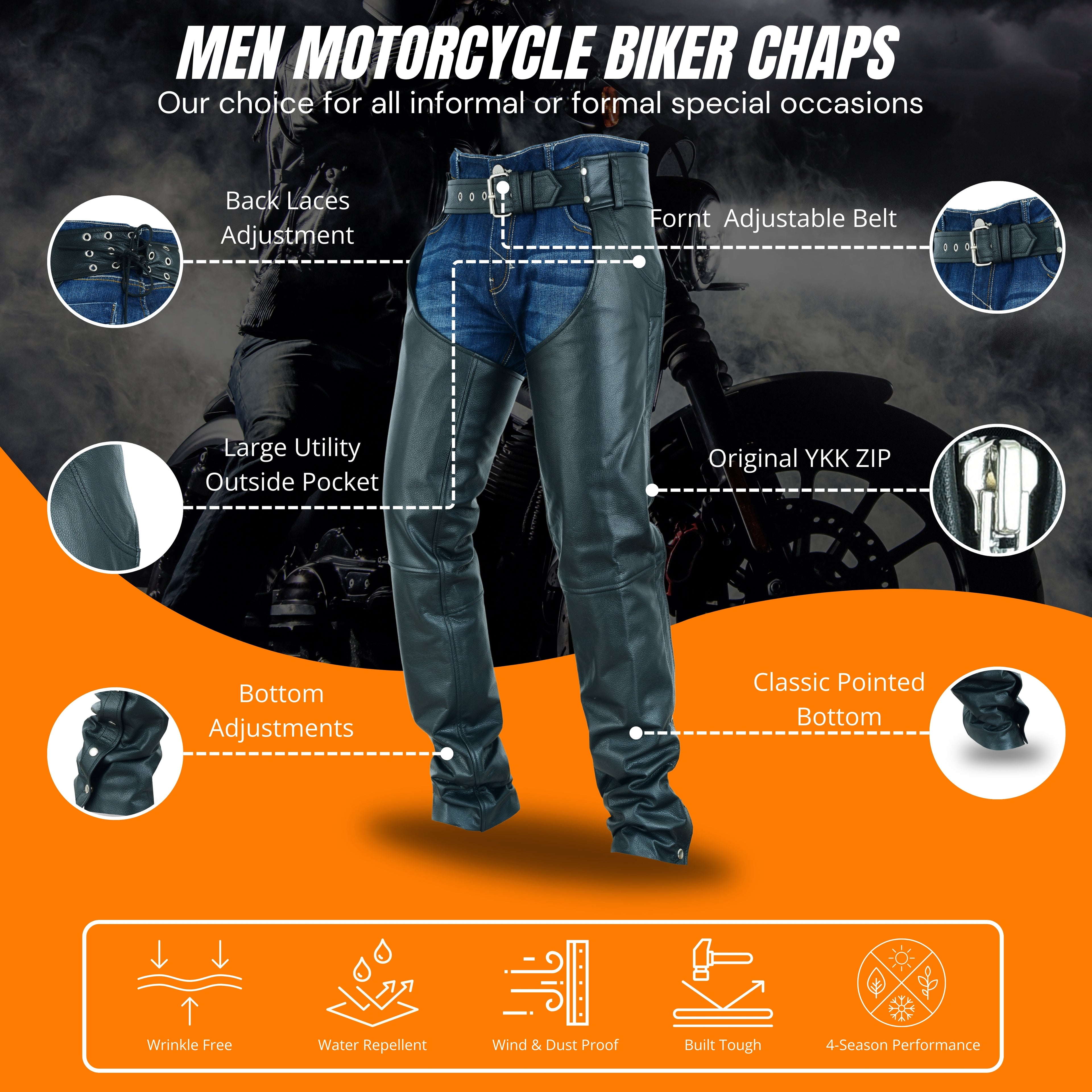HL12836 Classic Leather Motorcycle Chaps – Jean Pocket Style Riding Gear