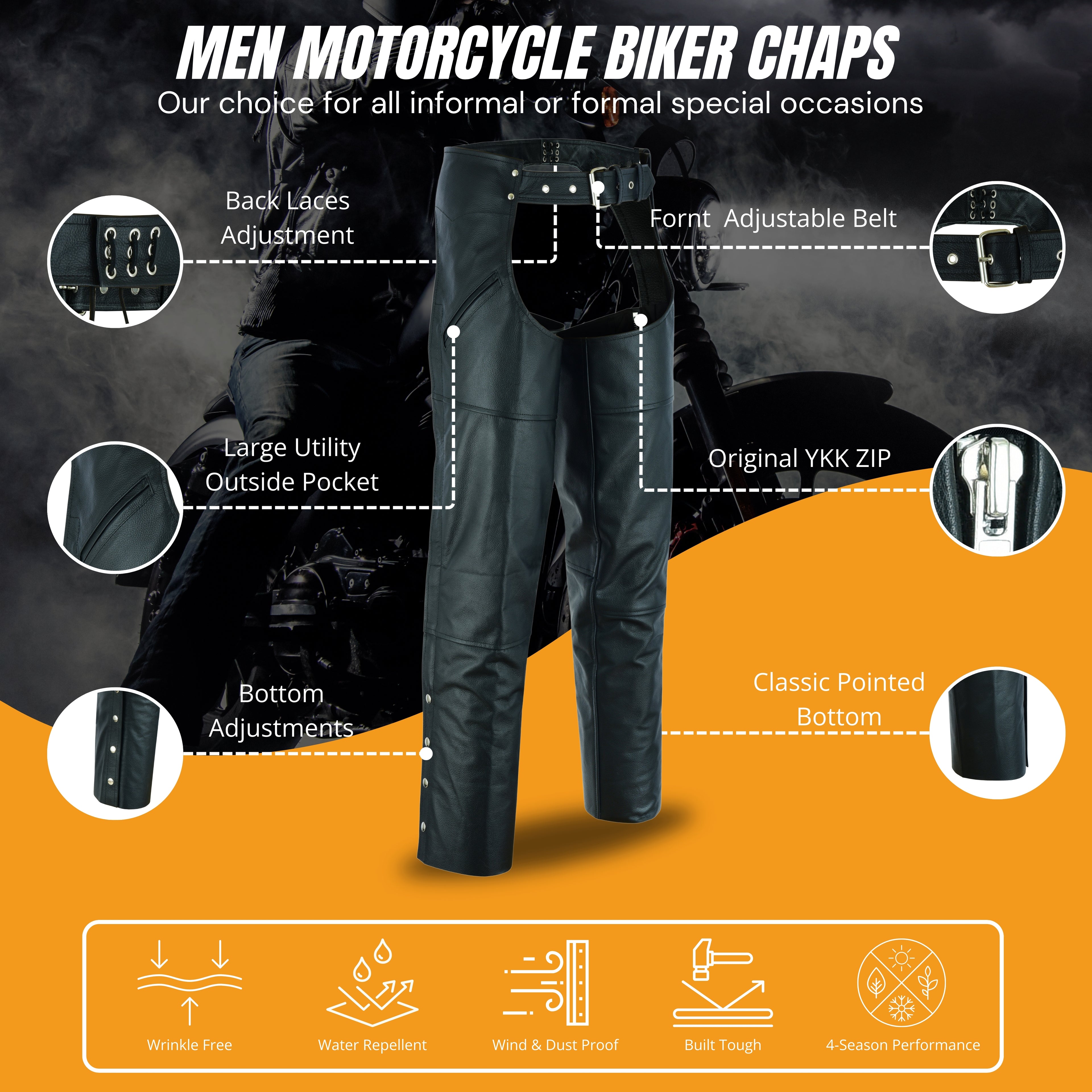 NKD Heavy Buffalo Leather Lined Motorcycle Riding Biker Chap-Black