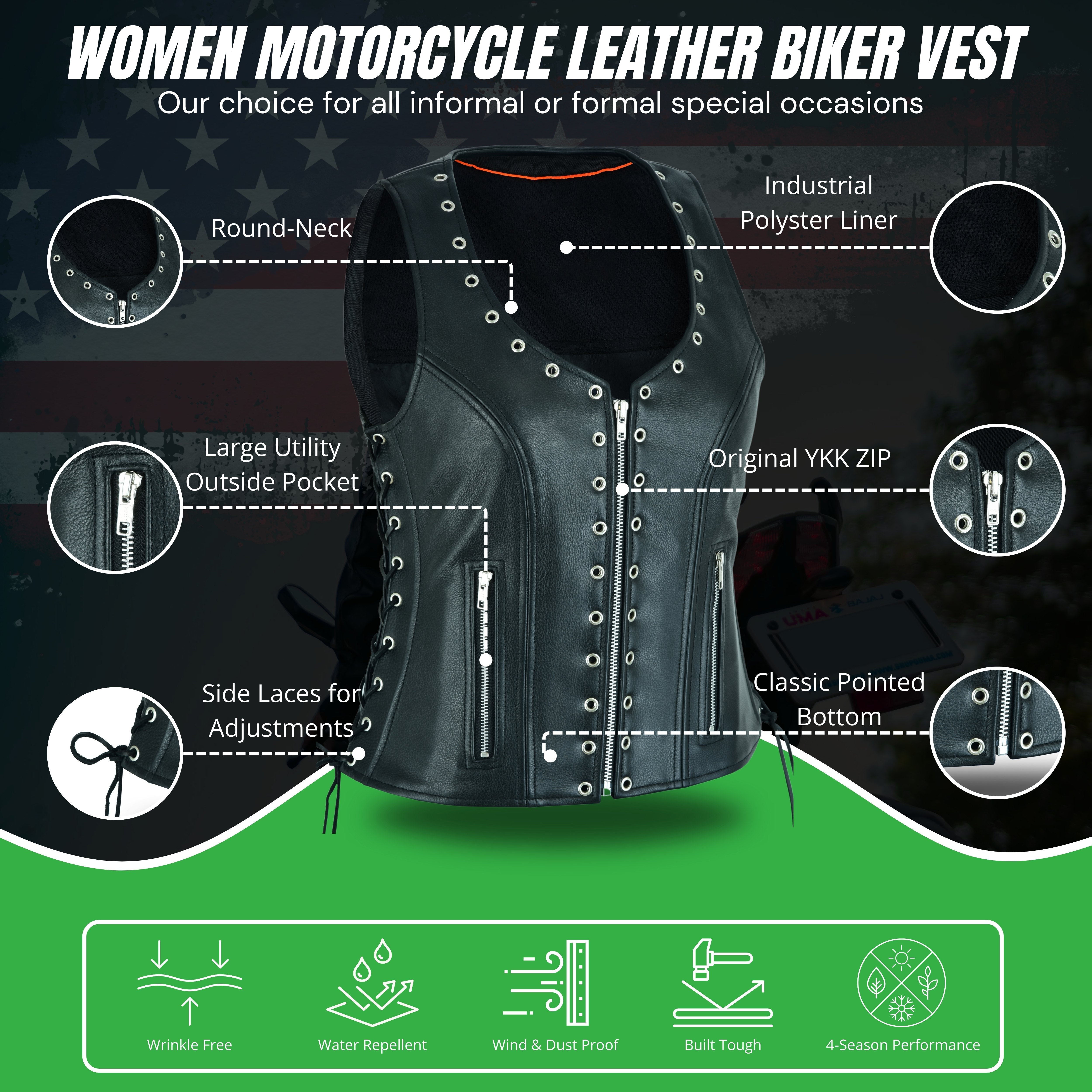 Women’s Eyelet Leather Vest – Longer Length Premium Fit by Rexons