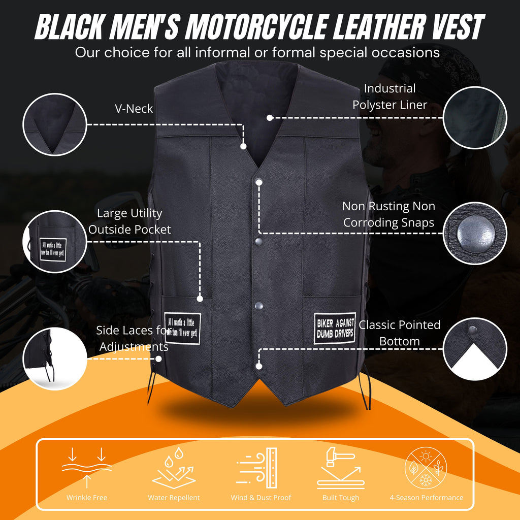 Men’s Motorcycle Leather Vest – USA Flag & American Eagle Design – Premium Biker Club Cut with Concealed Gun Pocket