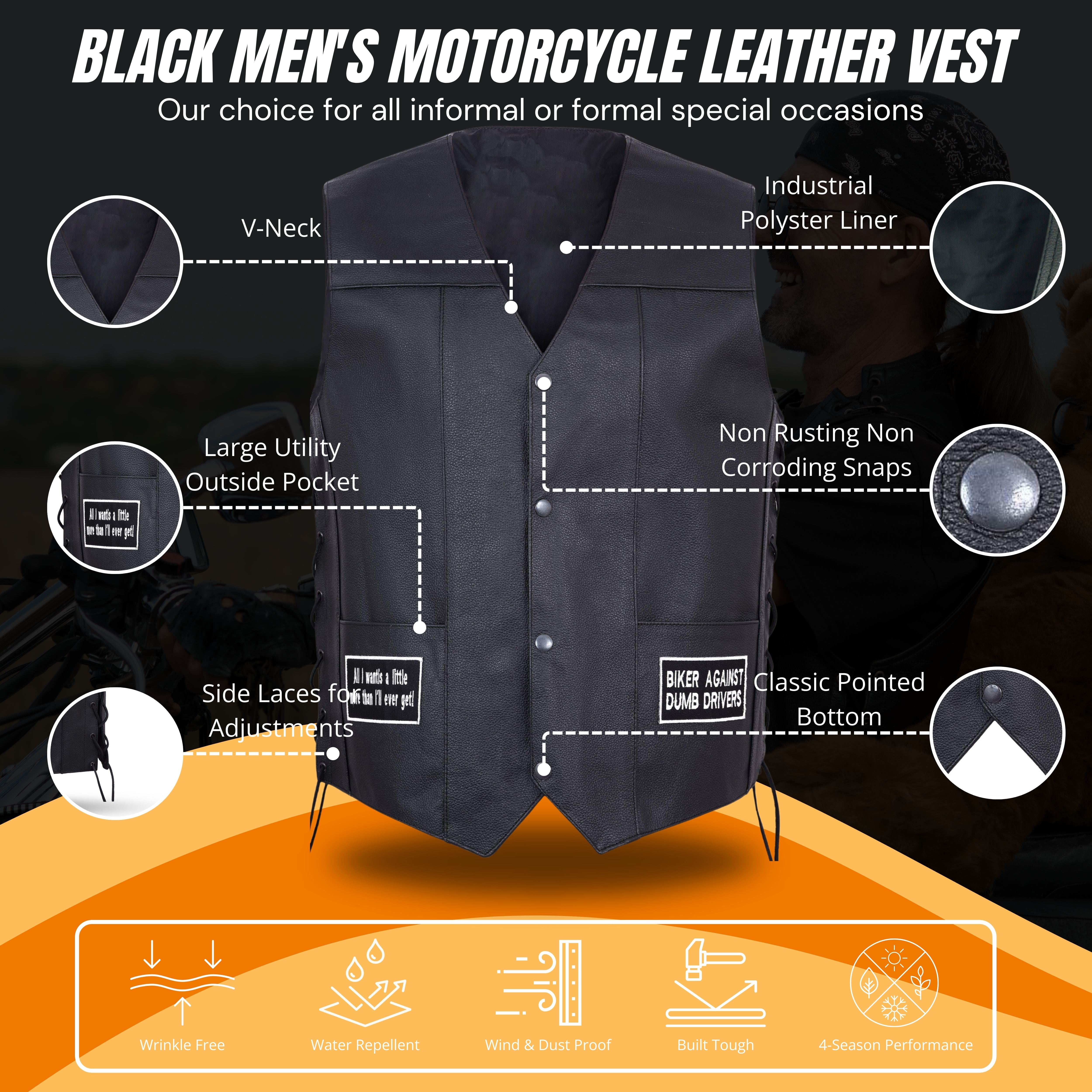 Men’s Motorcycle Leather Vest – USA Flag & American Eagle Design – Premium Biker Club Cut with Concealed Gun Pocket