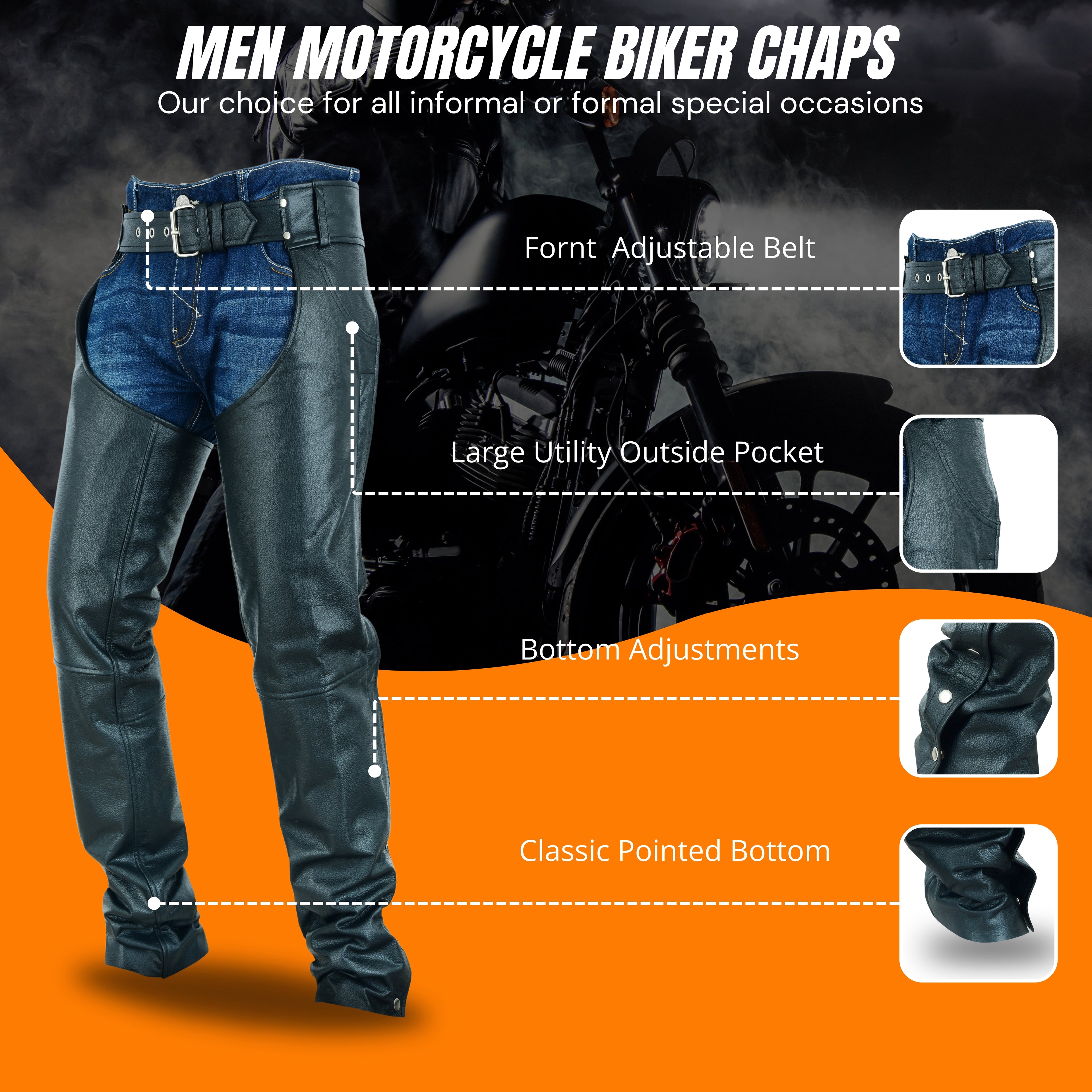 HL12836 Classic Leather Motorcycle Chaps – Jean Pocket Style Riding Gear