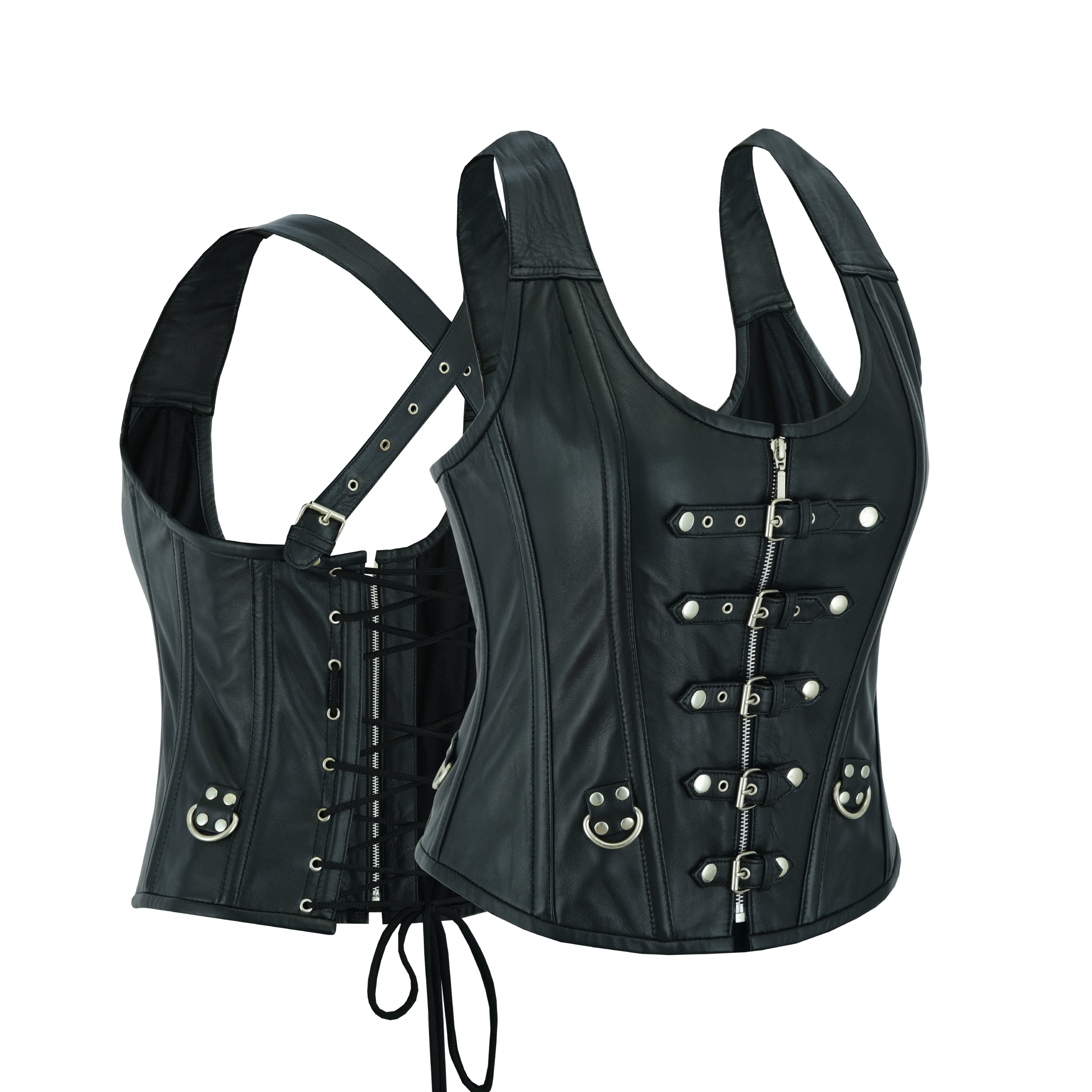 Women’s Gothic Punk Rock Leather Corset Top – Steel Boned Steampunk Bustier with Halter Shoulder Straps & Buckles by Rexons