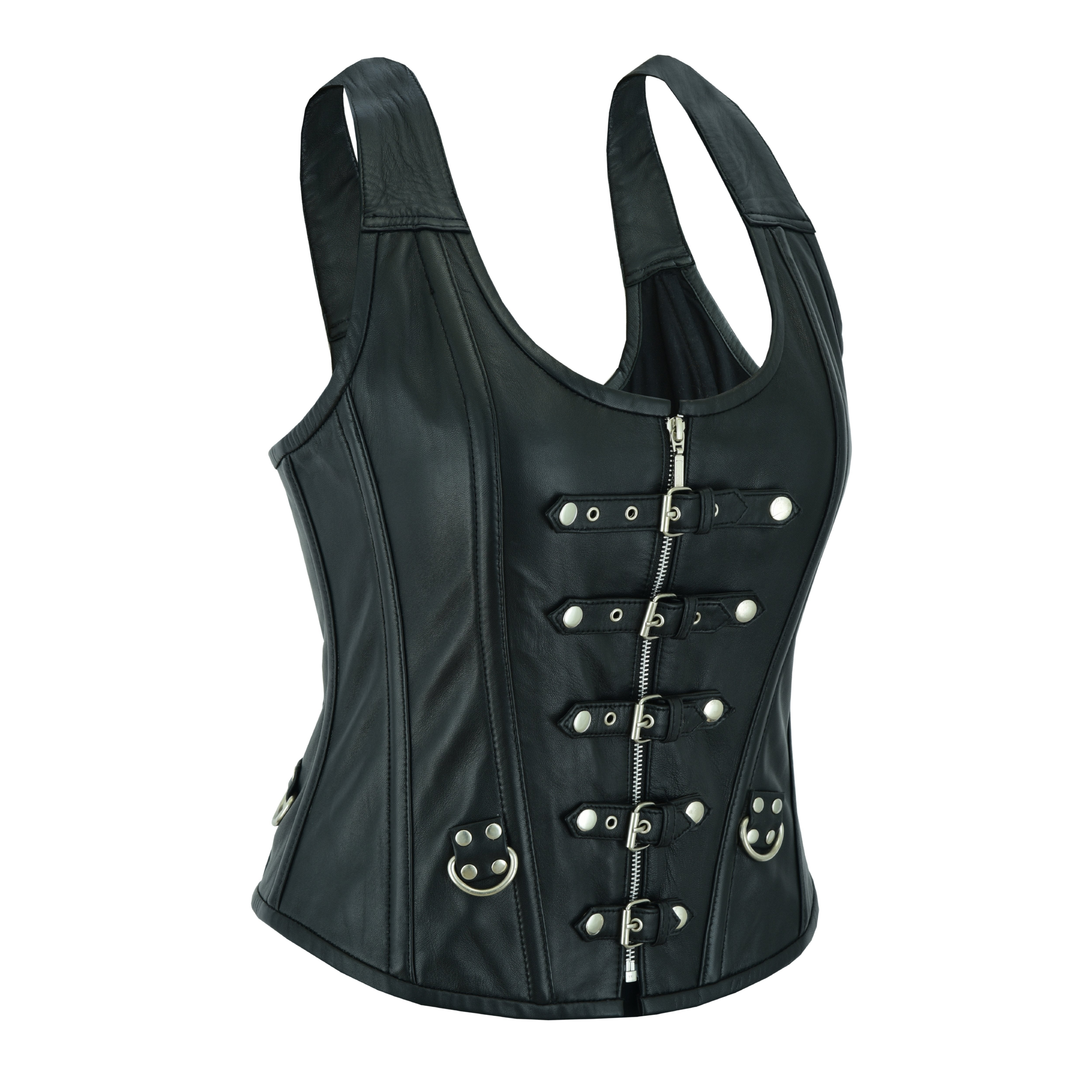 Women’s Gothic Punk Rock Leather Corset Top – Steel Boned Steampunk Bustier with Halter Shoulder Straps & Buckles by Rexons