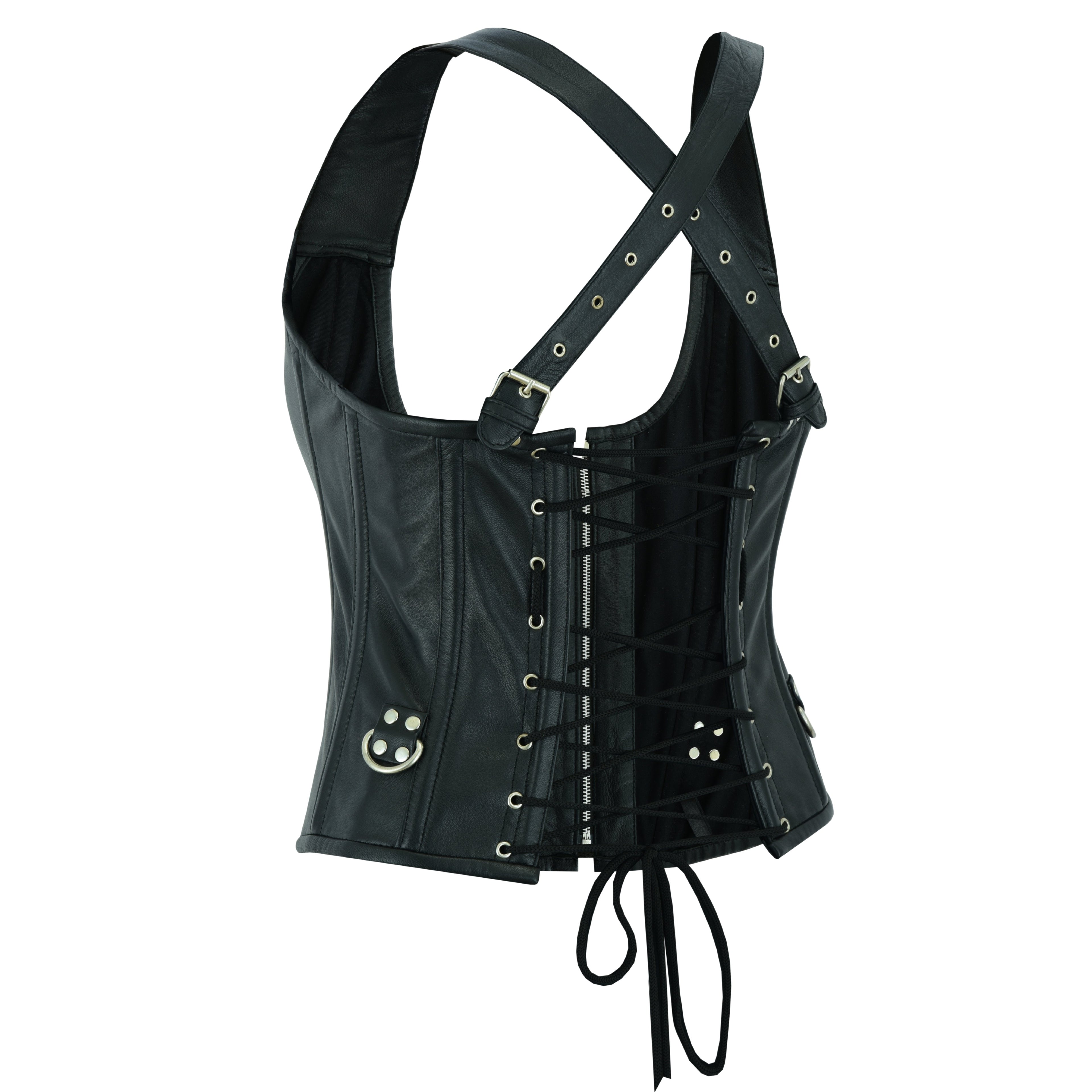 Women’s Gothic Punk Rock Leather Corset Top – Steel Boned Steampunk Bustier with Halter Shoulder Straps & Buckles by Rexons