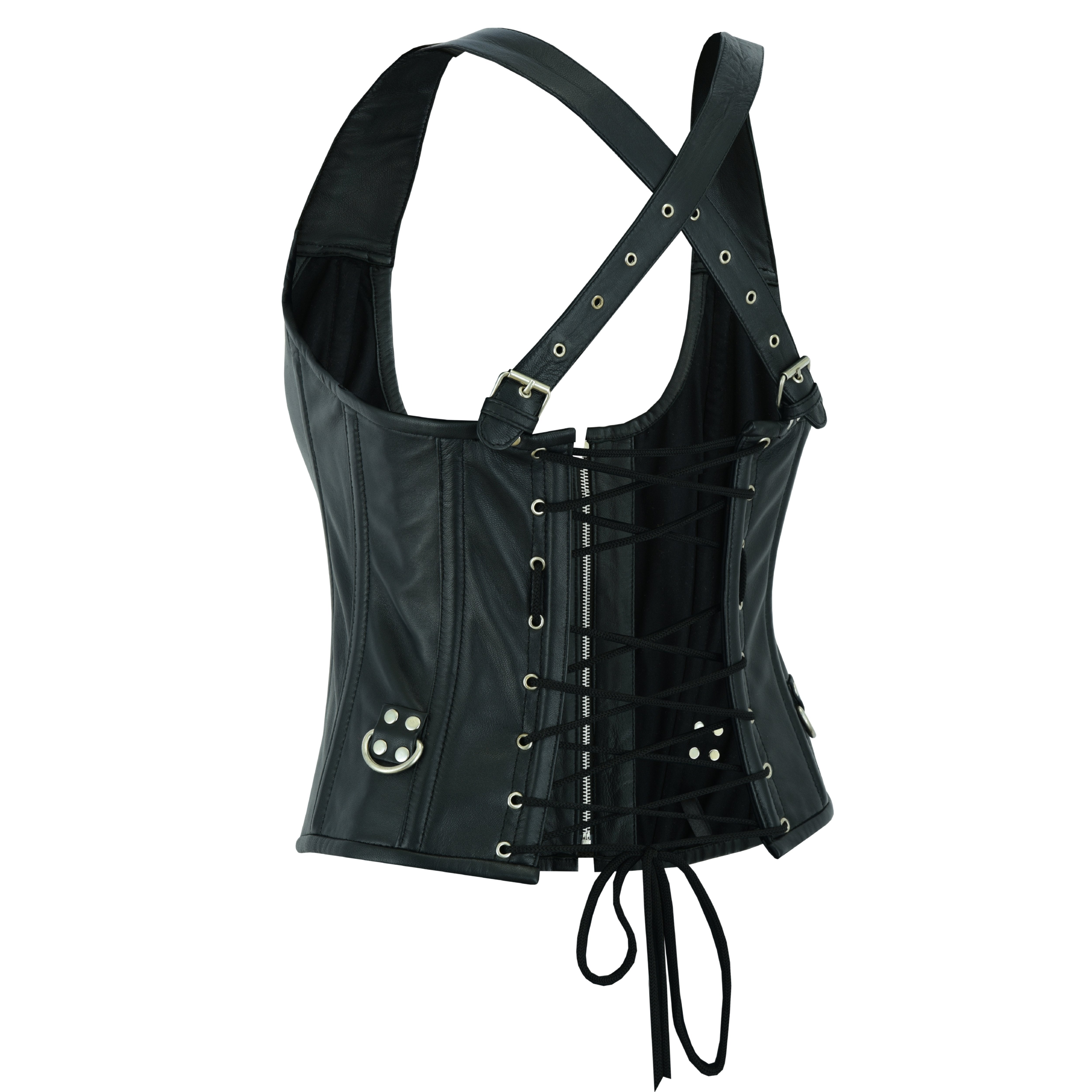 Women’s Gothic Punk Rock Leather Corset Top – Steel Boned Steampunk Bustier with Halter Shoulder Straps & Buckles by Rexons