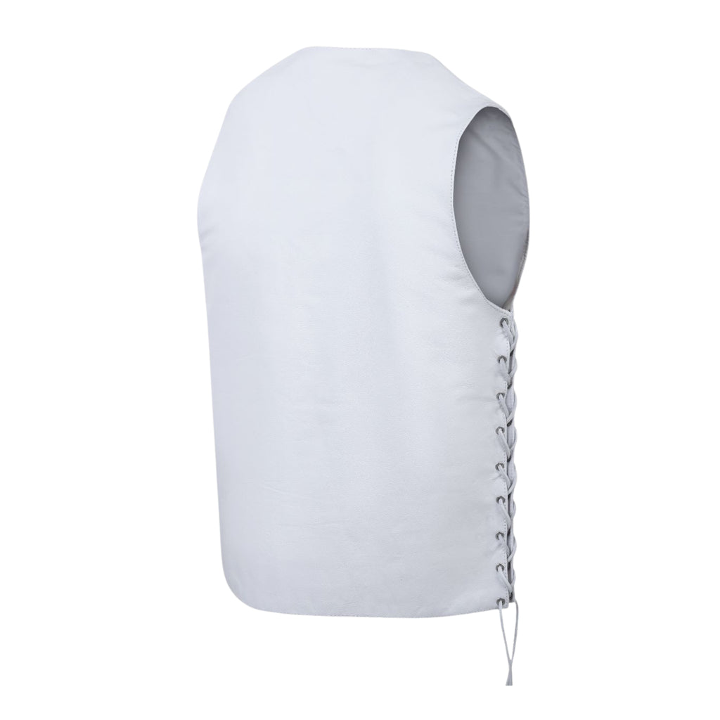 Men's White Traditional Style Leather Motorcycle Vest – Classic Biker Vest with Side Lacing and Snap Closure